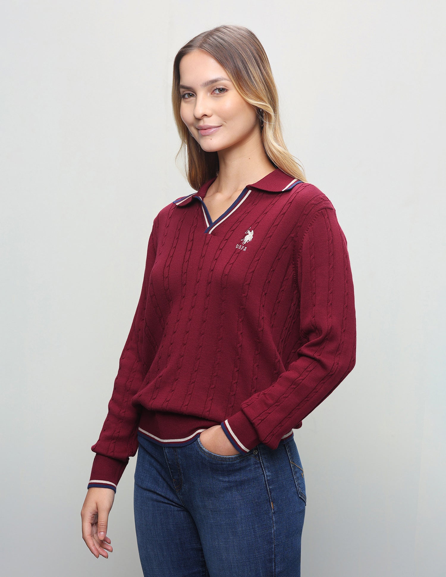 Cable Patterned Knit Regular Fit Sweater Red - U.S. Polo Assn. India | Large