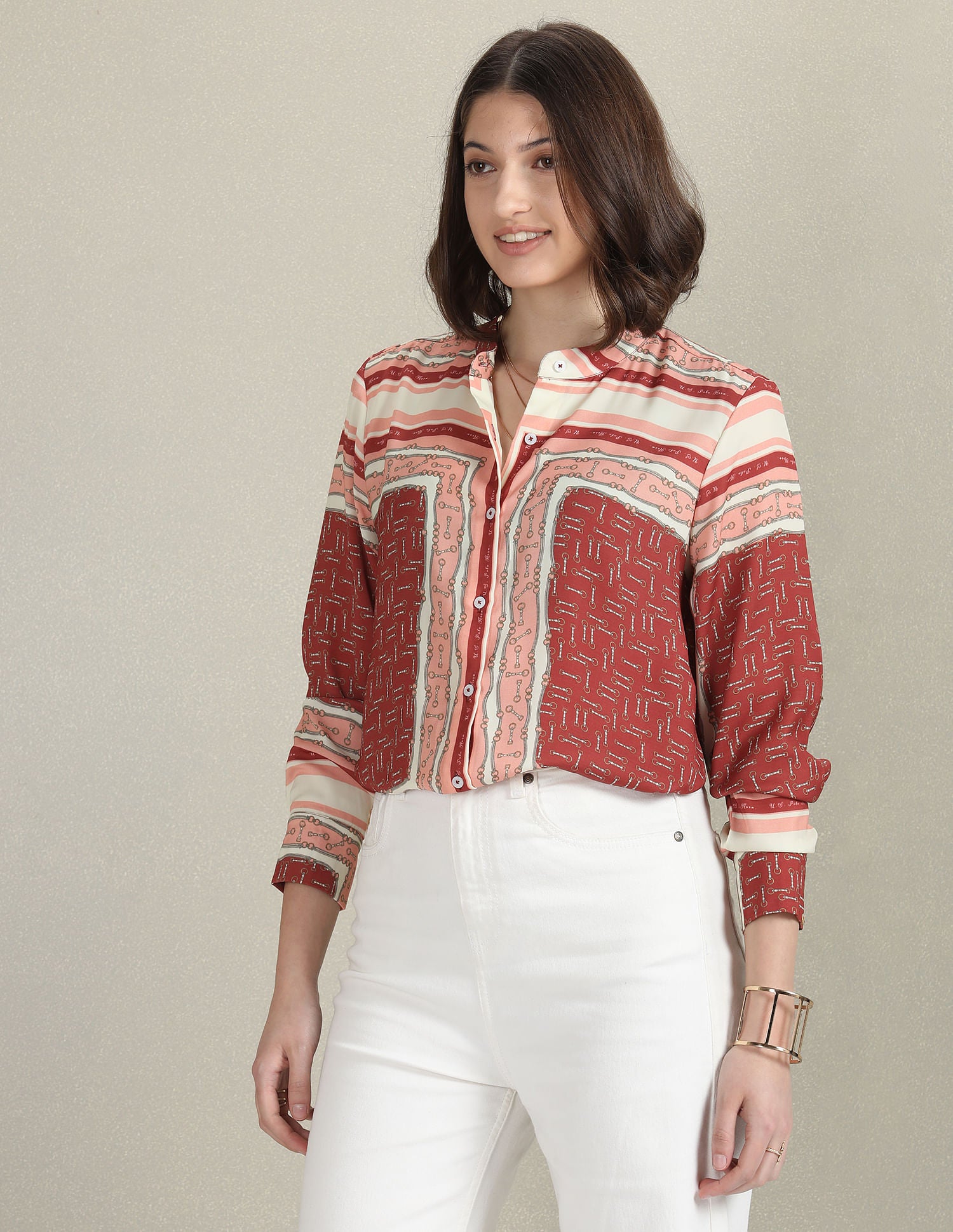 Mandarin Collar Geometric Print Shirt White, Peach and Brown - U.S. Polo Assn. India | Large