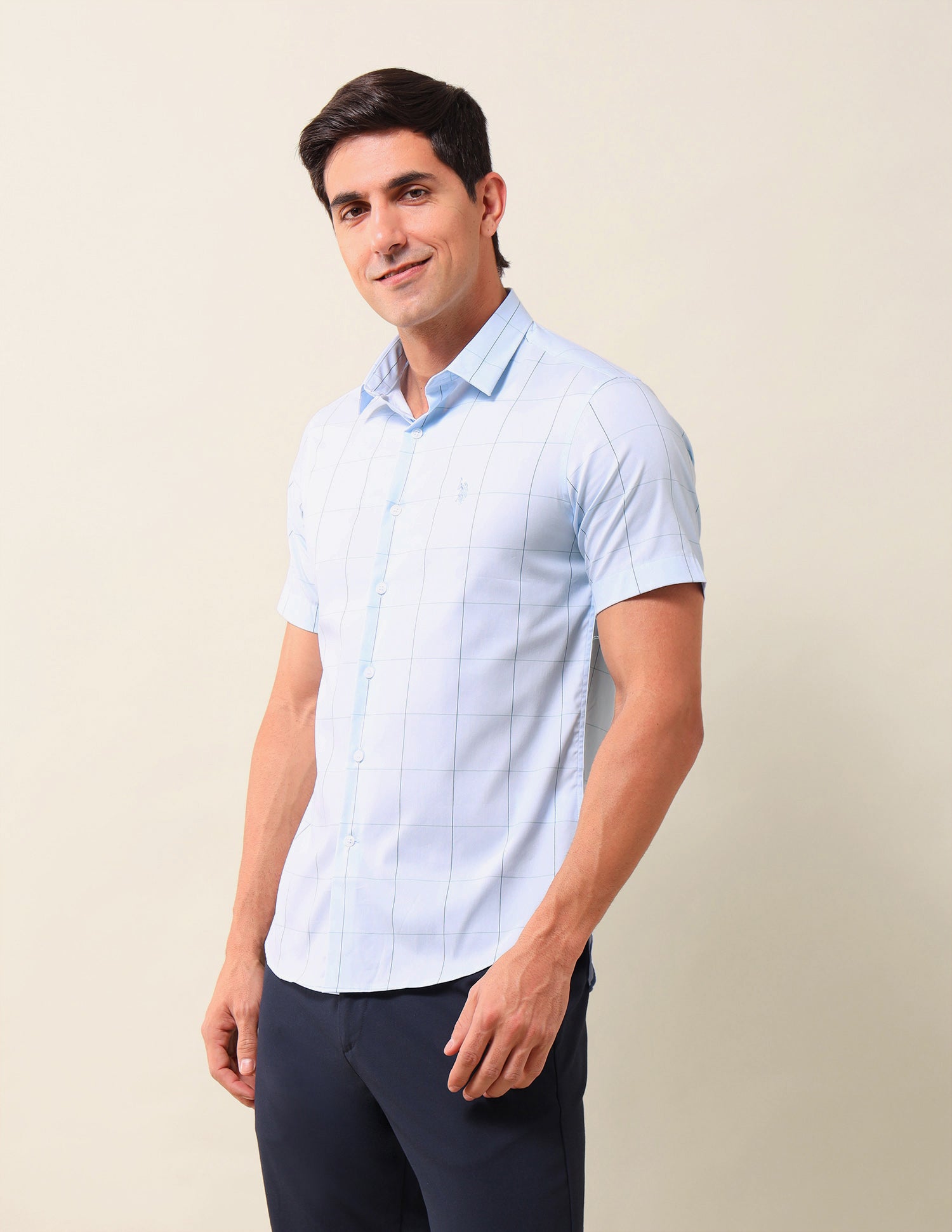 Windowpane Checked Tailored Fit Shirt Light Blue - U.S. Polo Assn. India | Large