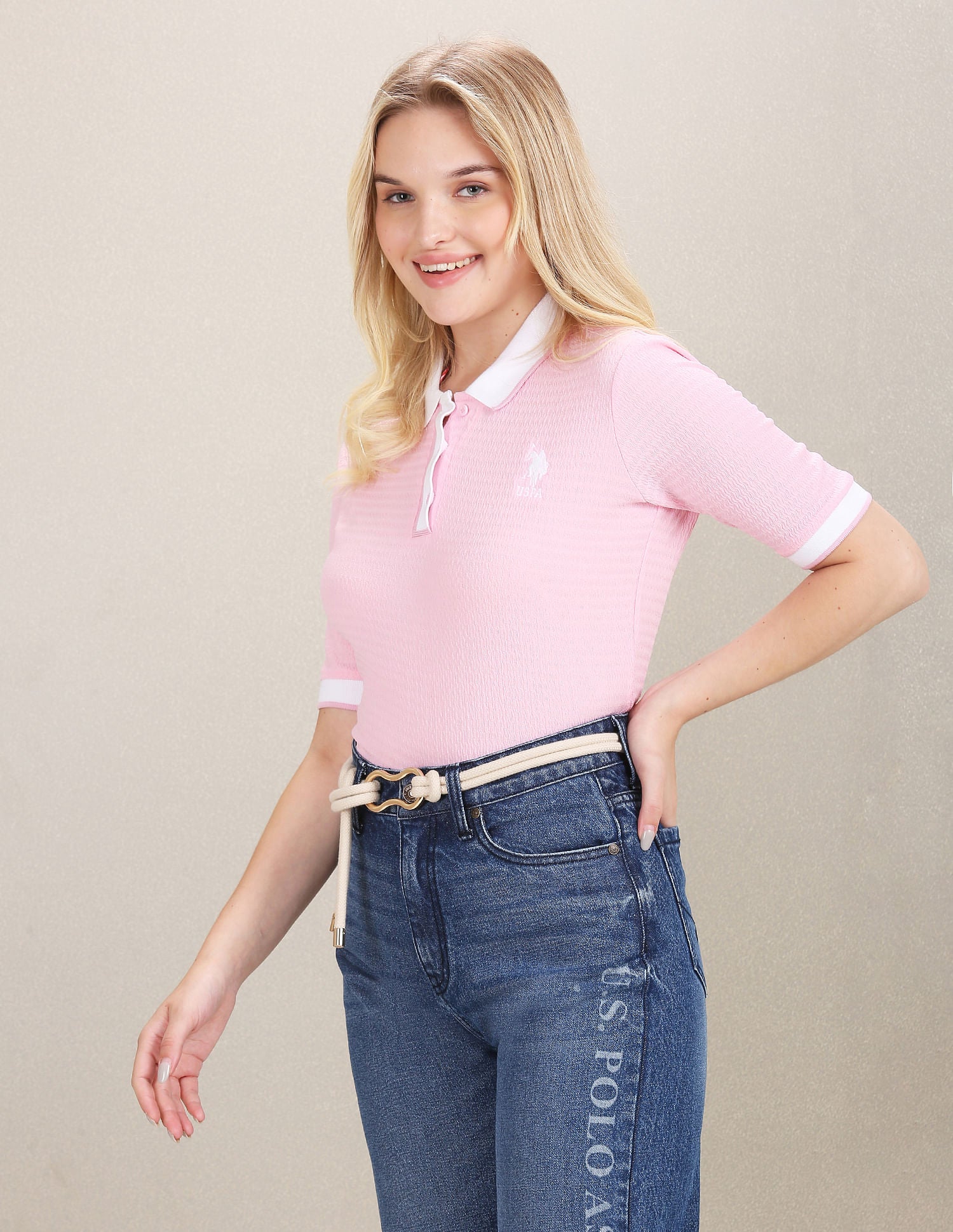 Zipper Placket Textured Polo Shirt Pink - U.S. POLO ASSN. | Large