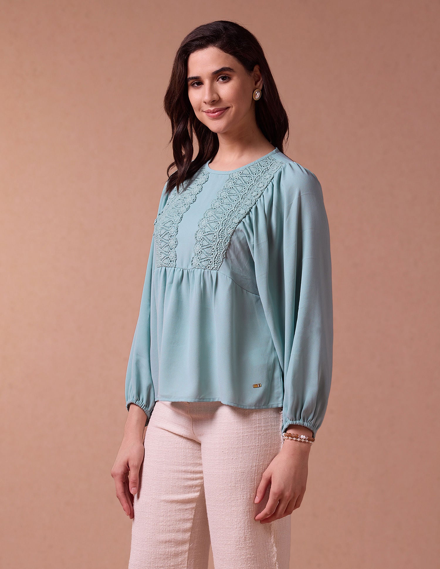 Loose Fit Lace Yoke Top Teal - U.S. POLO ASSN. | Large