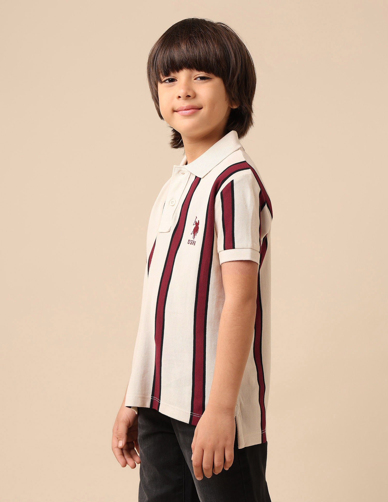 Boys Vertical Striped Regular Fit Polo Shirt Ecru - U.S. POLO ASSN. | Large