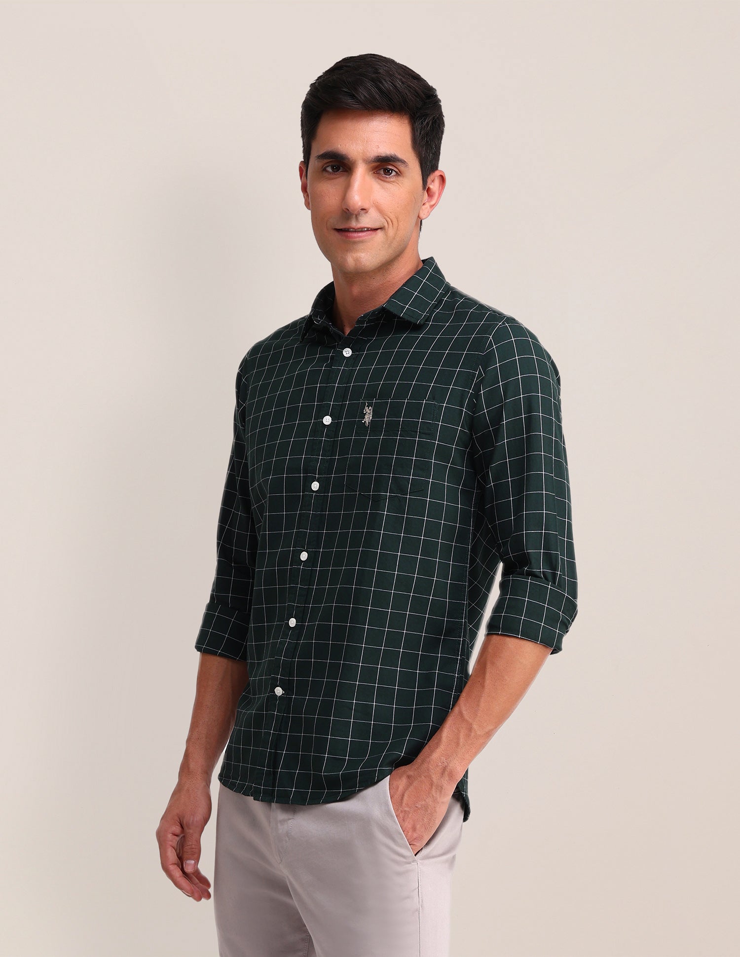 Windowpane Checked Twill Shirt Dark Green - U.S. Polo Assn. India | Large