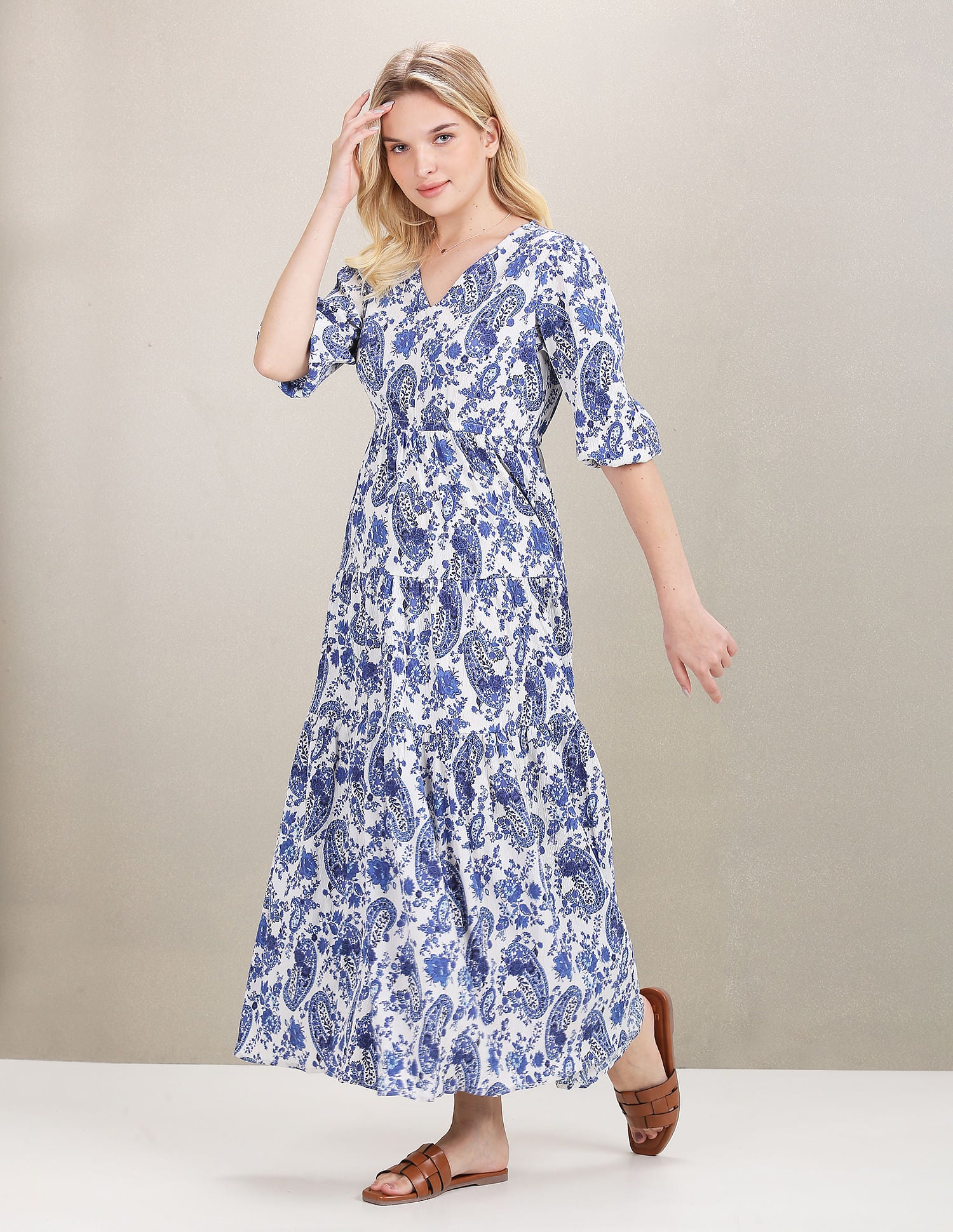 V-Neck Paisley Print Maxi Dress Blue and White - U.S. Polo Assn. India | Large