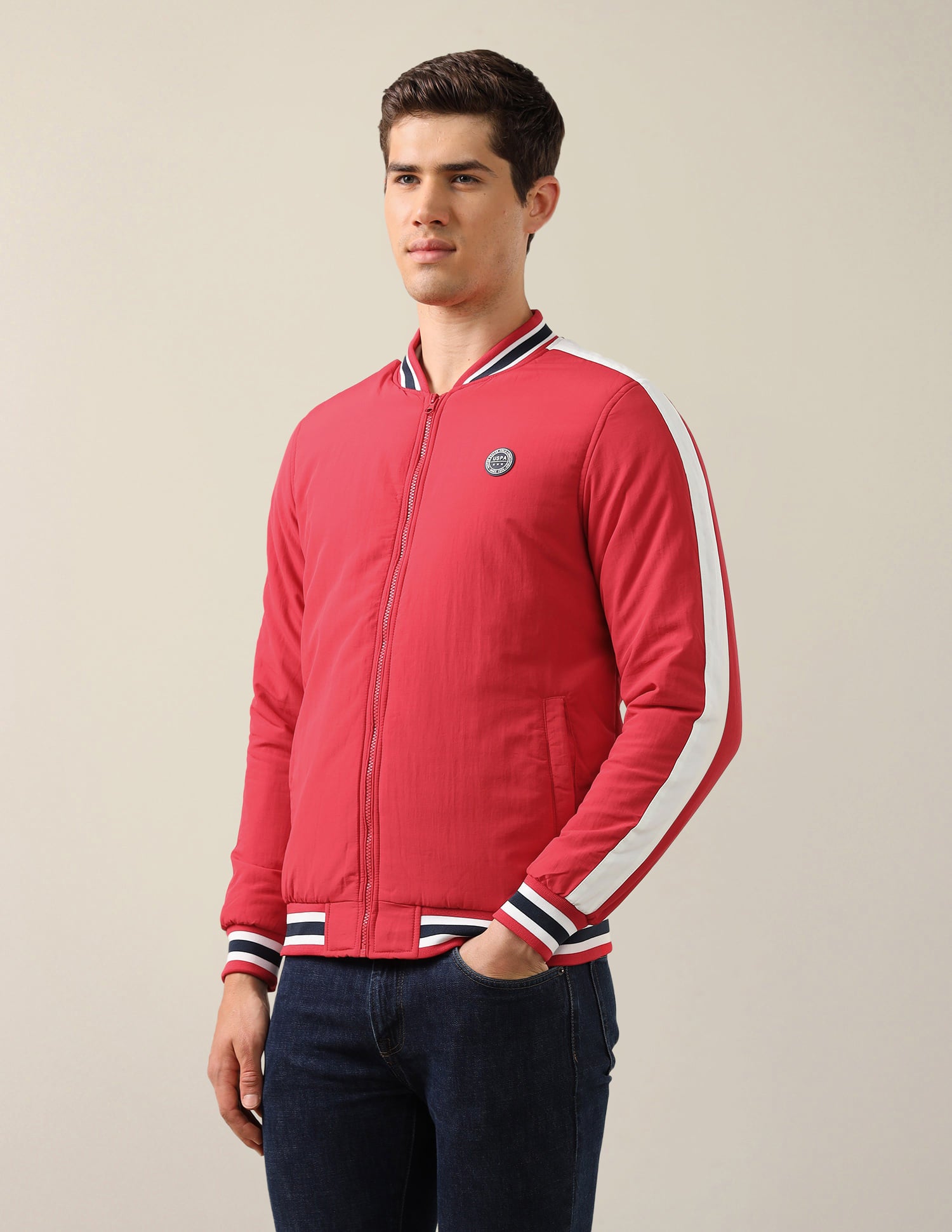 Stand Collar Solid Bomber Jacket Red - U.S. Polo Assn. India | Large