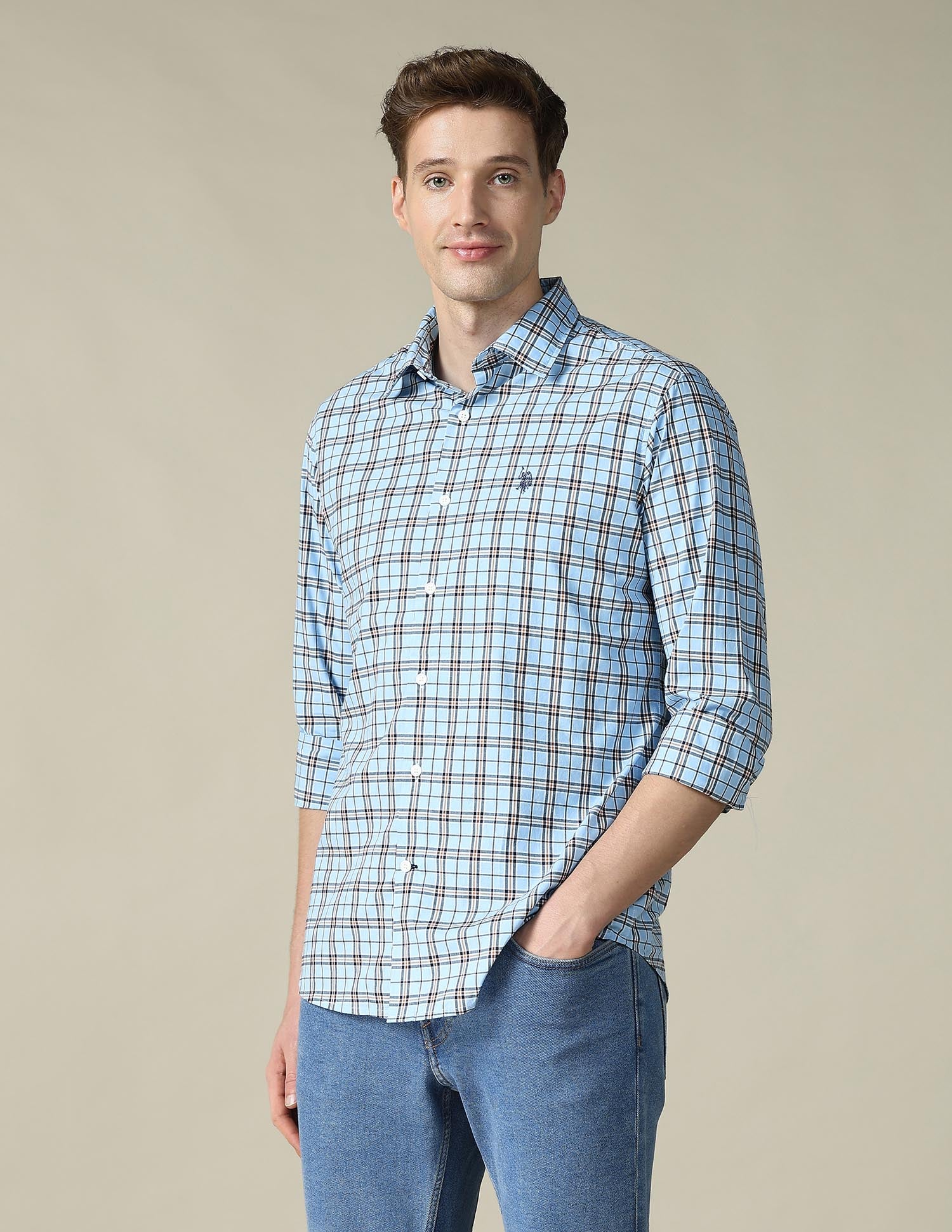 Grid Tattersall Checked Tailored Fit Shirt Light Blue - U.S. POLO ASSN. | Large