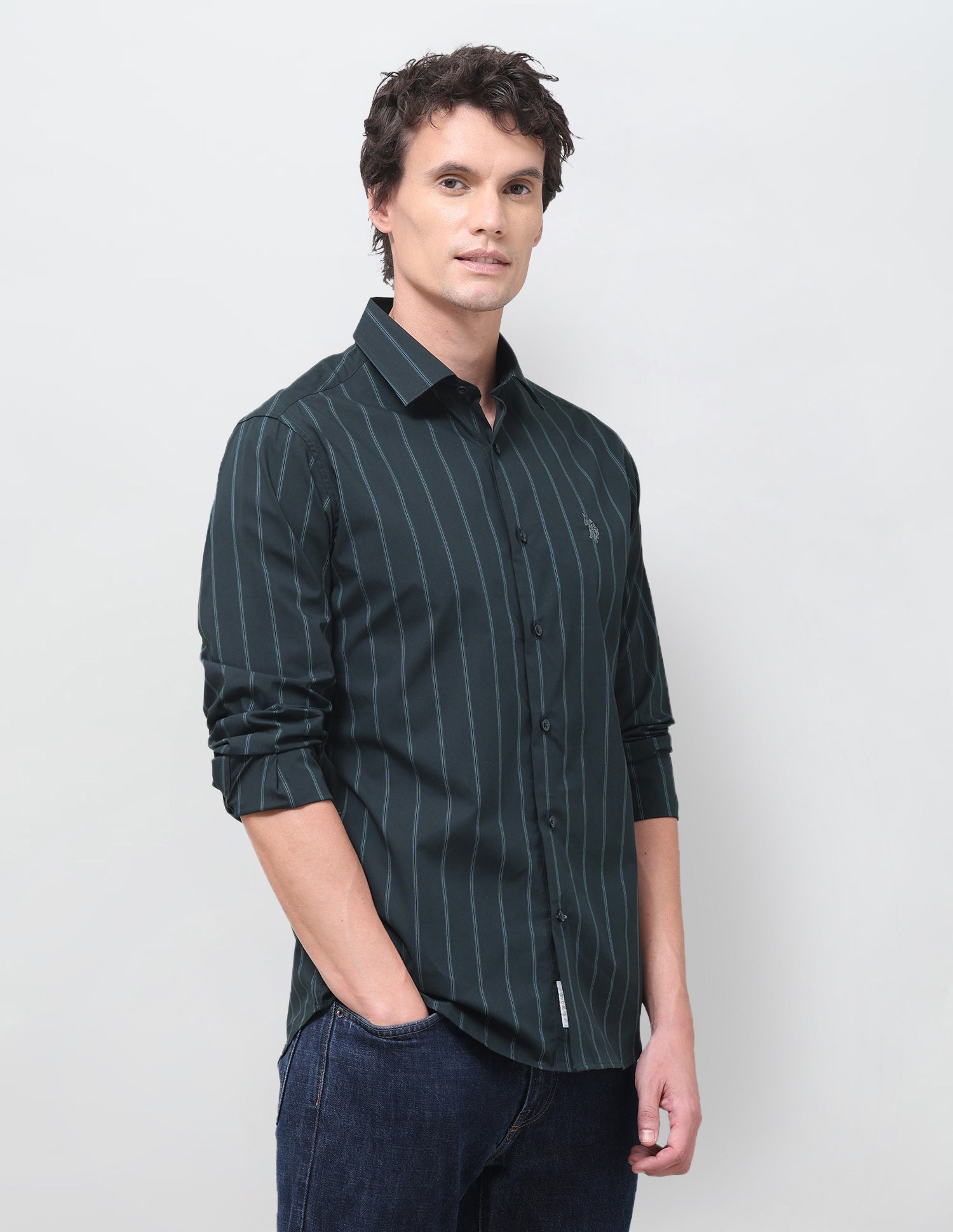 Vertical Striped Poplin Shirt Teal - U.S. Polo Assn. India | Large