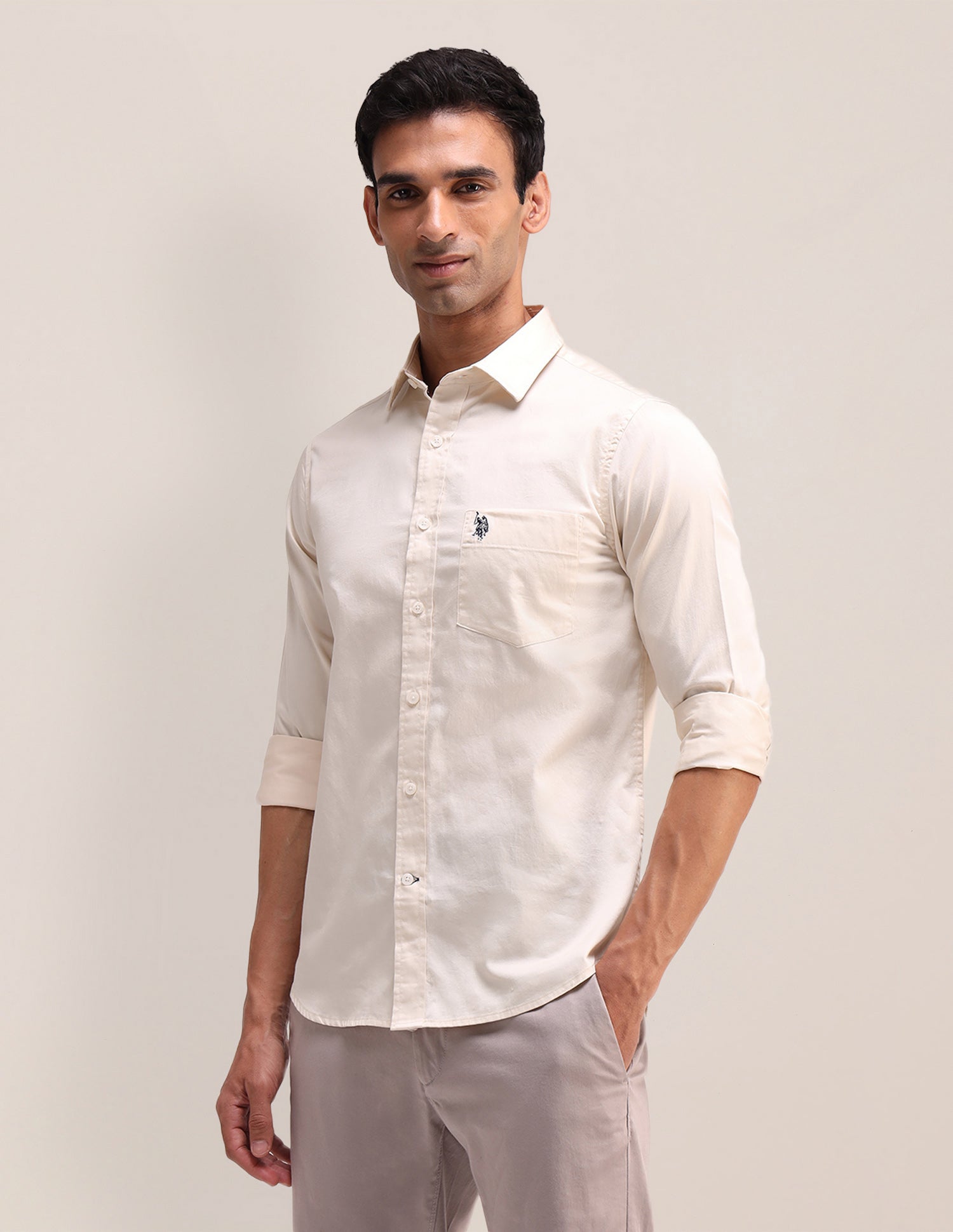 Tailored Fit Satin Shirt Ivory - U.S. Polo Assn. India | Large