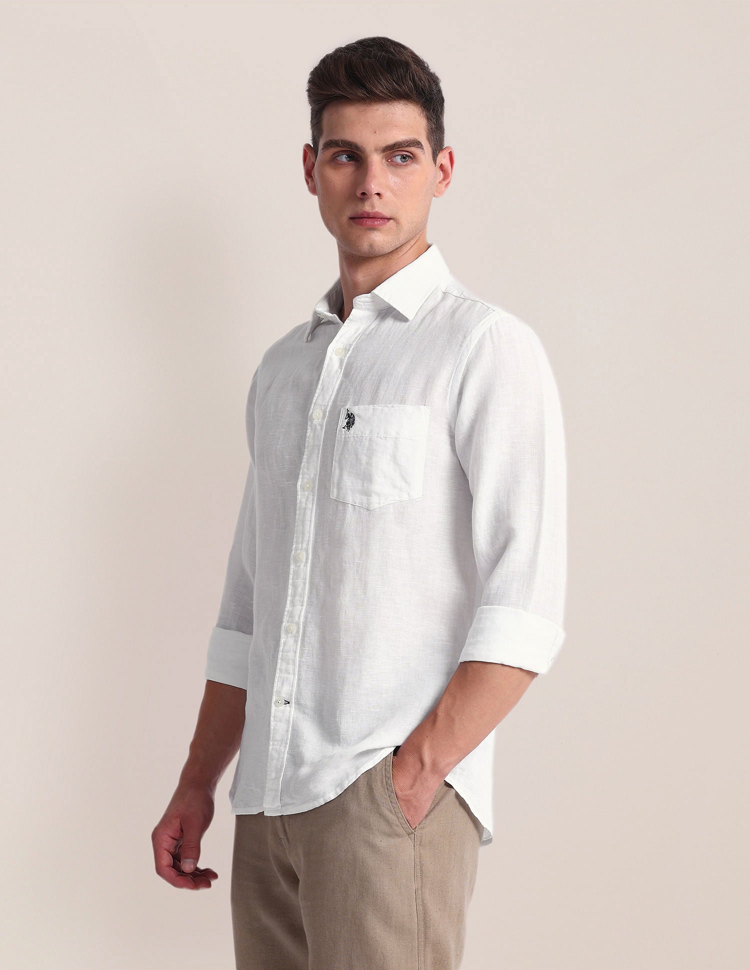 Tailored Fit Linen Blend Shirt White - U.S. Polo Assn. India | Large