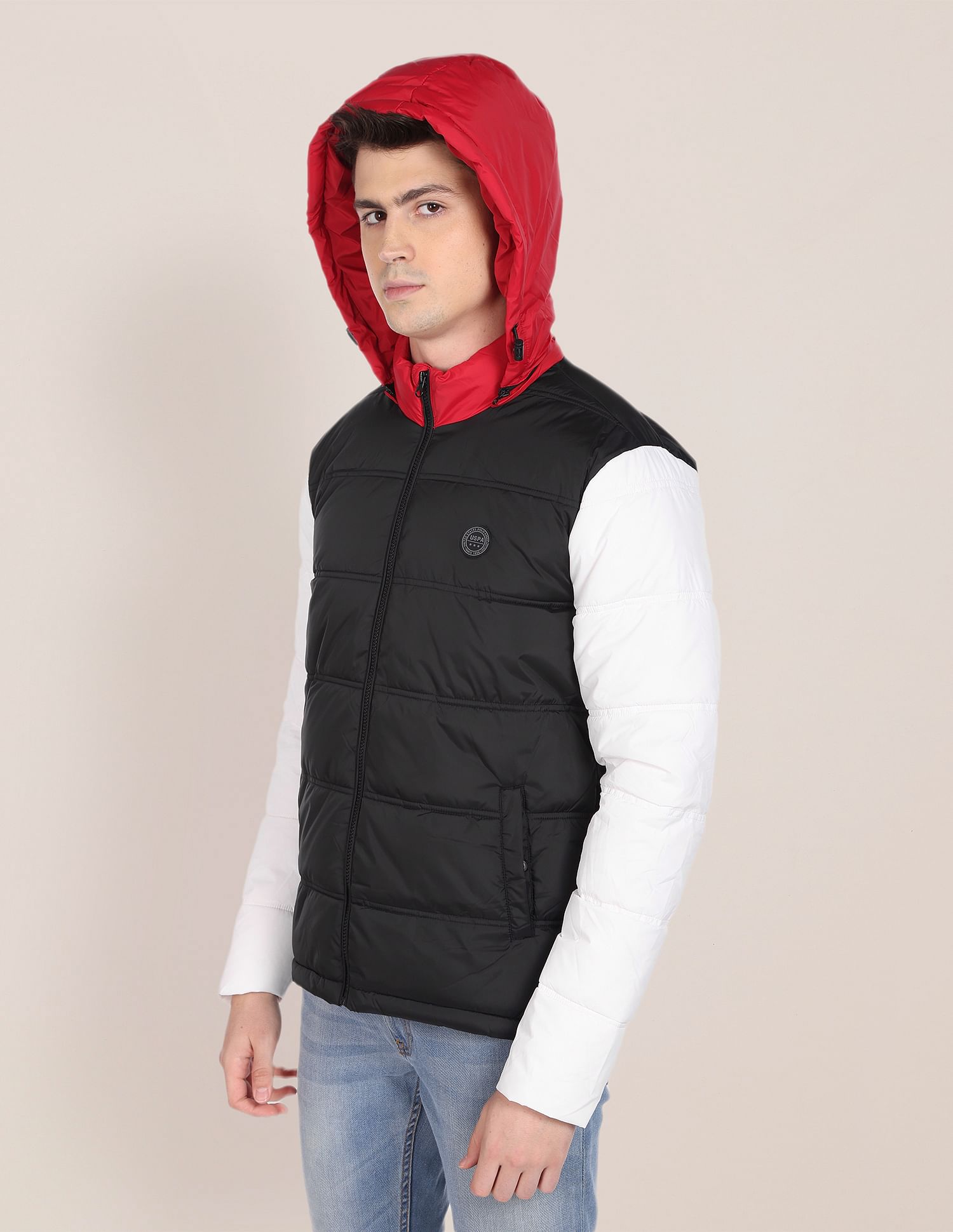 Men Black And White High Neck Colour Block Puffer Jacket Black and White - U.S. POLO ASSN. | Large
