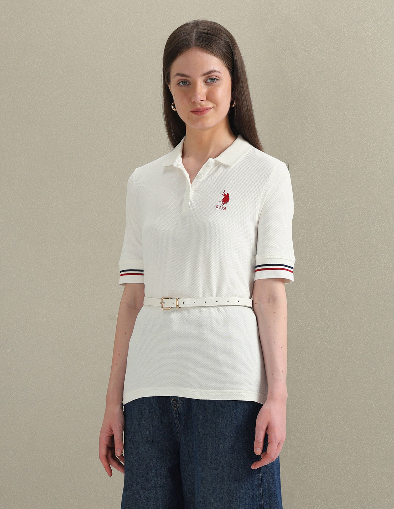 Striped Cuff Textured Polo Shirt White - U.S. POLO ASSN. | Large