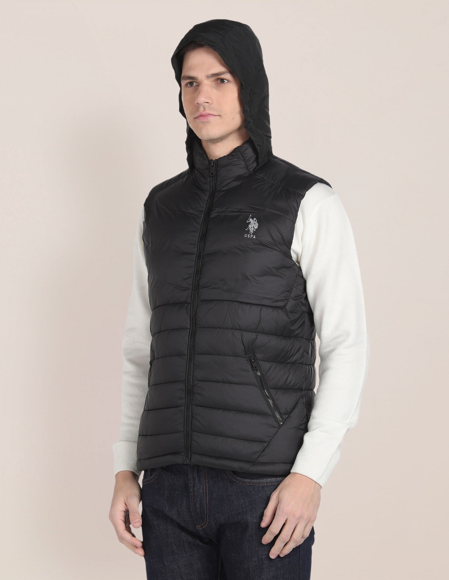 Concealed Hood Sleeveless Jacket Black - U.S. POLO ASSN. | Large