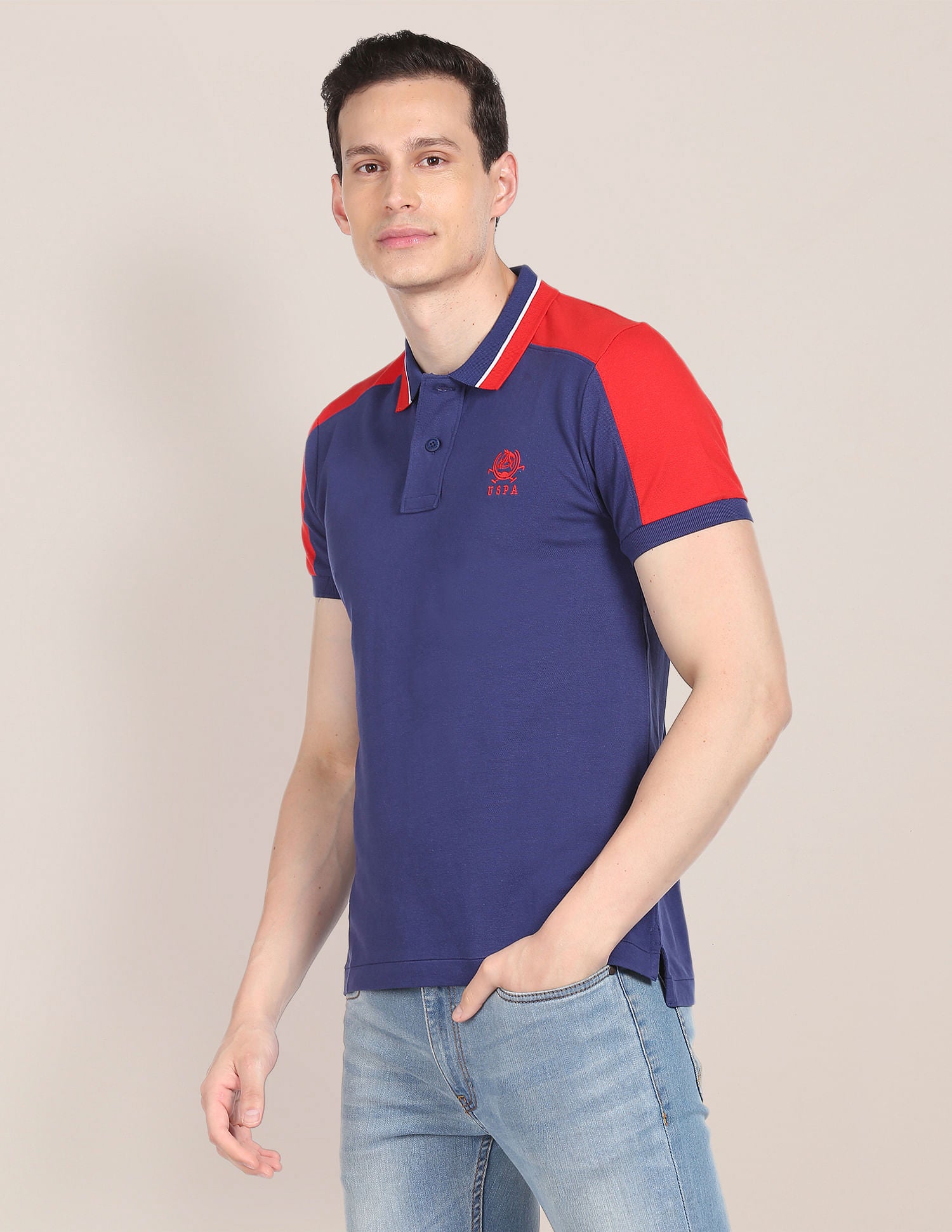 Colour Block Cotton Polo Shirt Dark Blue and Red - U.S. Polo Assn. India | Large