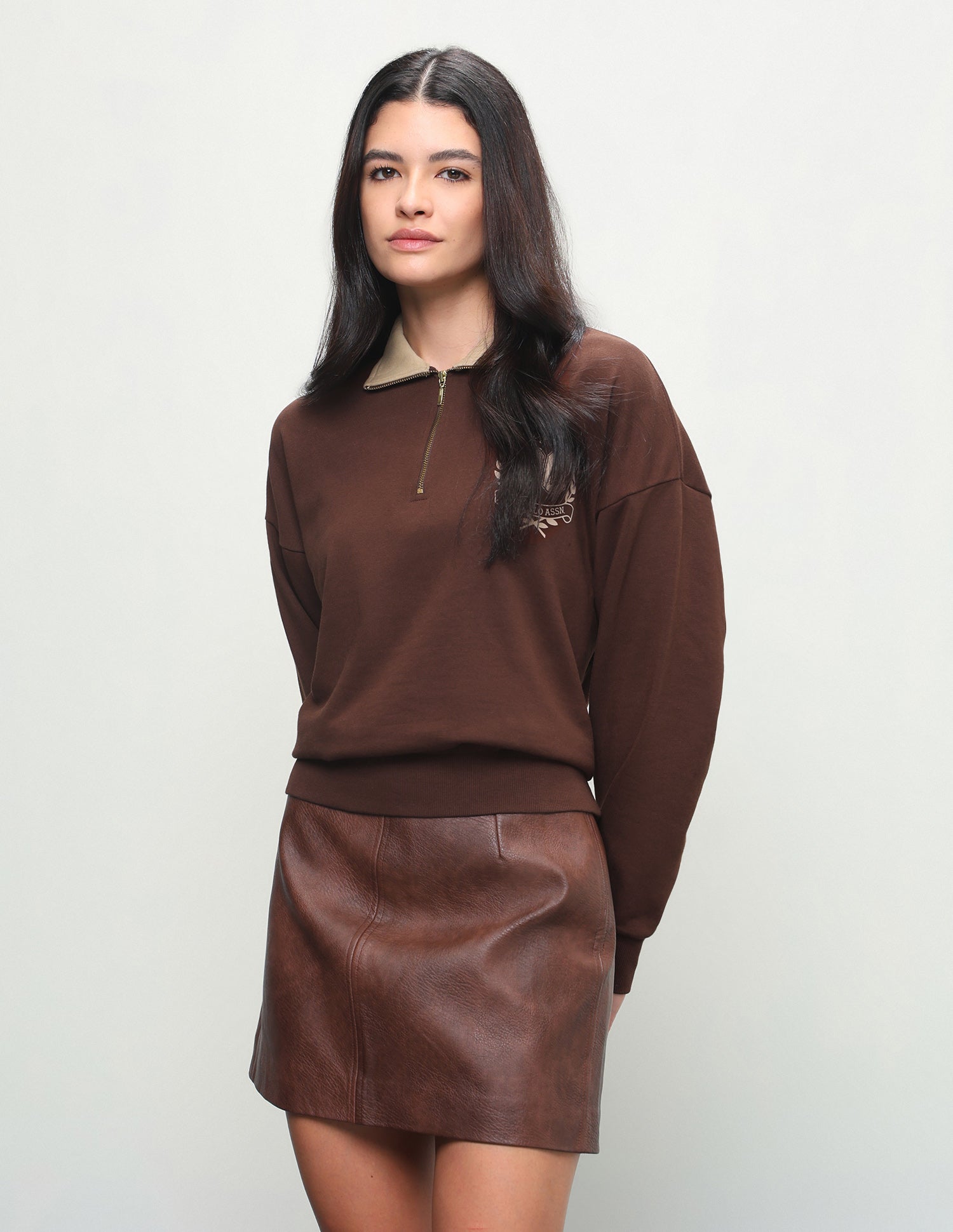 Solid Oversized Fit Zipper Sweatshirt Brown - U.S. Polo Assn. India | Large