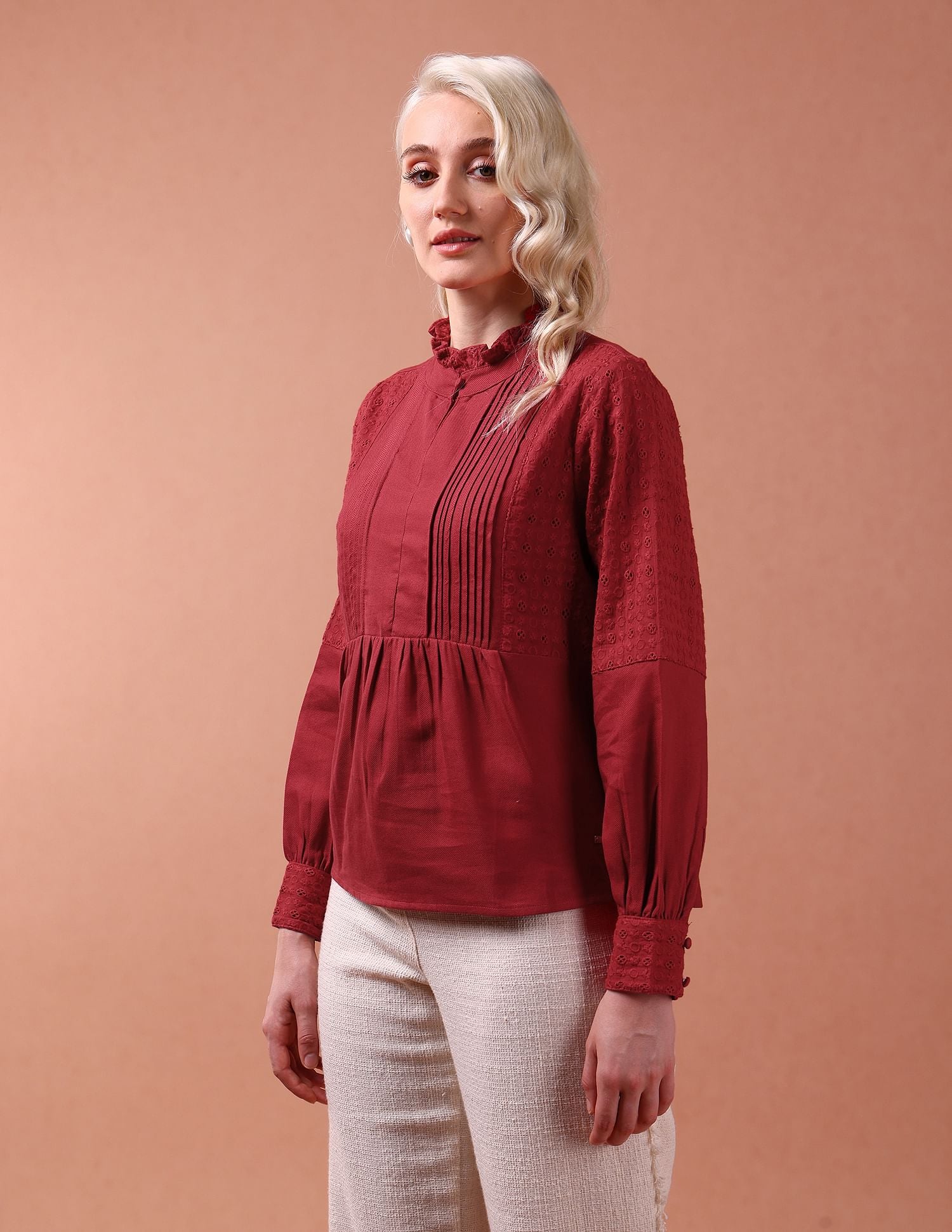 Front Pleat Ruffle Neck Top Rust - U.S. POLO ASSN. | Large