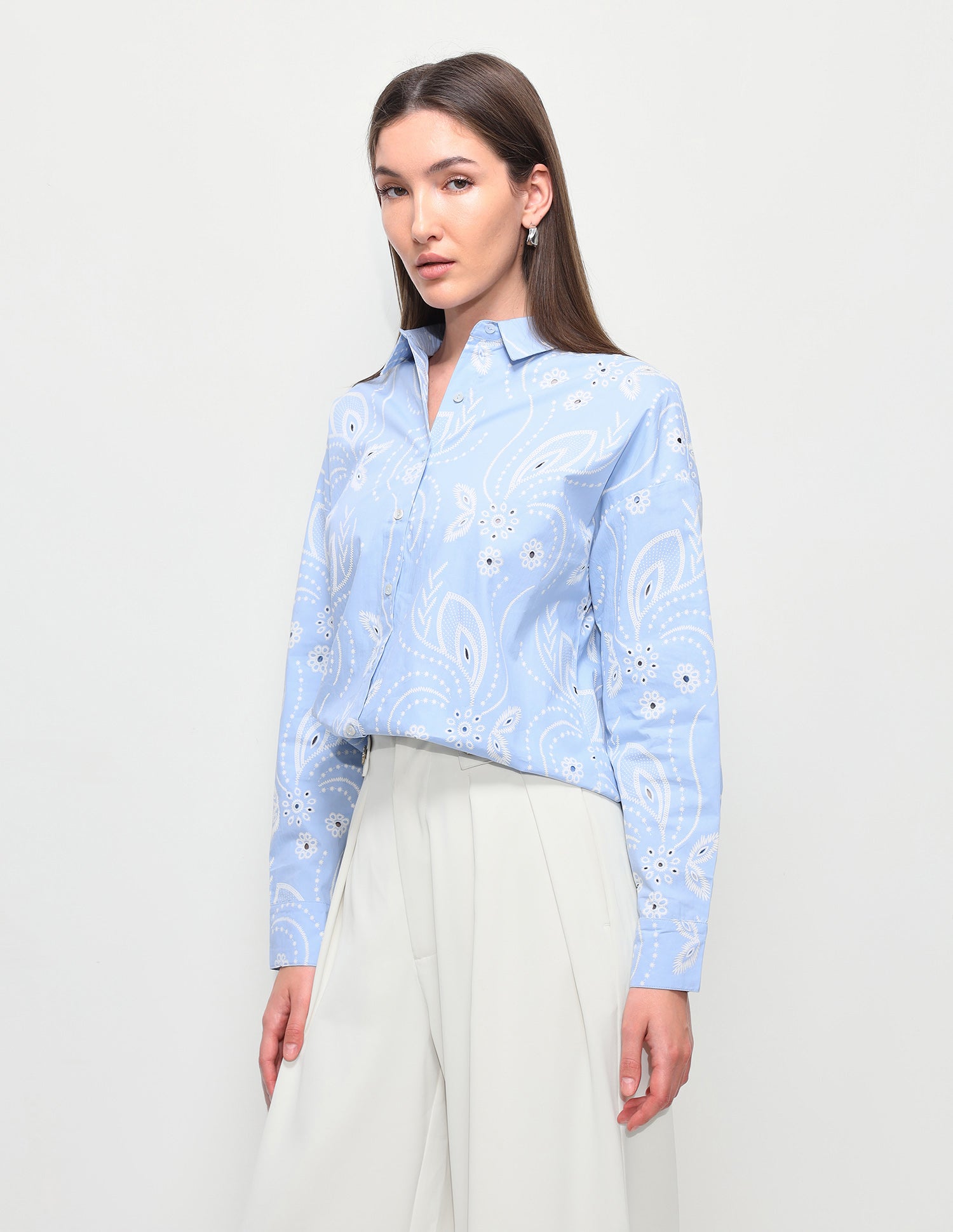 Floral Printed Cut Work Oversized Fit Shirt Light Blue - U.S. Polo Assn. India | Large
