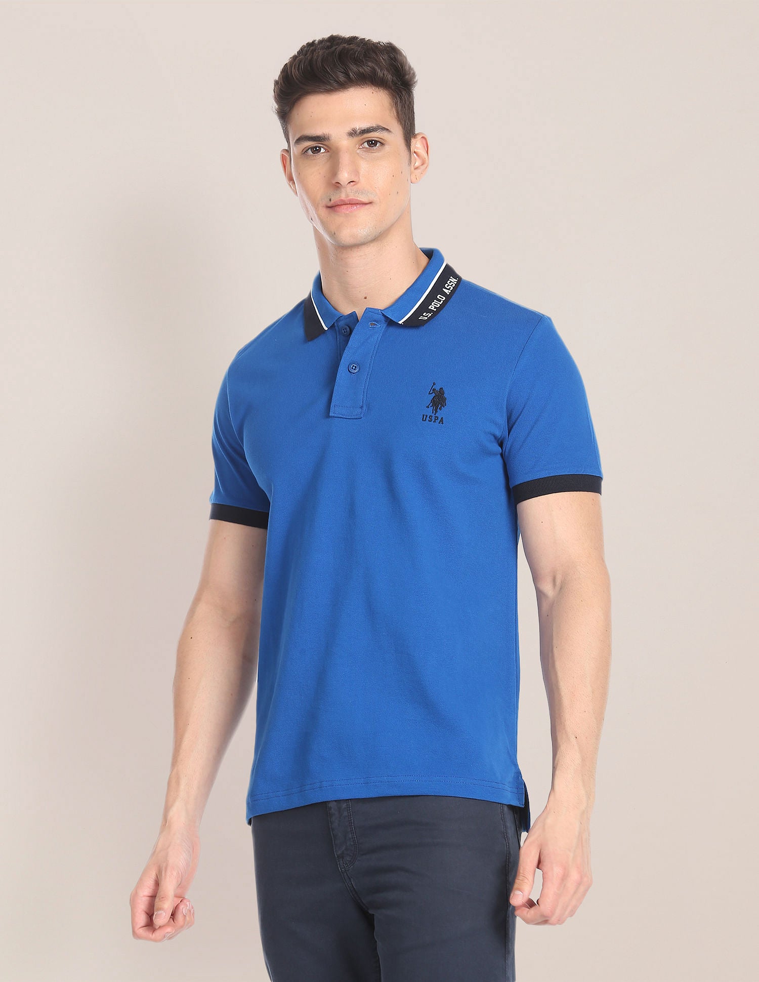 Branded Collar Pique Polo Shirt Blue - U.S. POLO ASSN. | Large