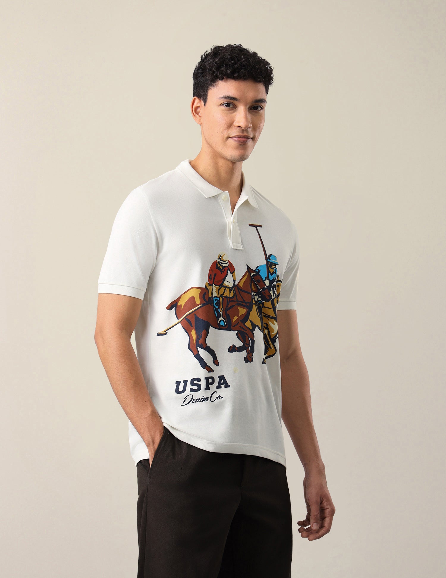 Graphic Brand Printed Slim Fit Polo Shirt Ivory - U.S. Polo Assn. India | Large