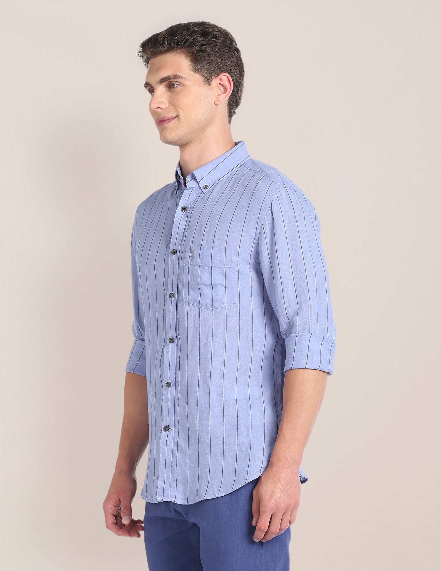 Vertical Stripe Linen Shirt Blue - U.S. Polo Assn. India | Large