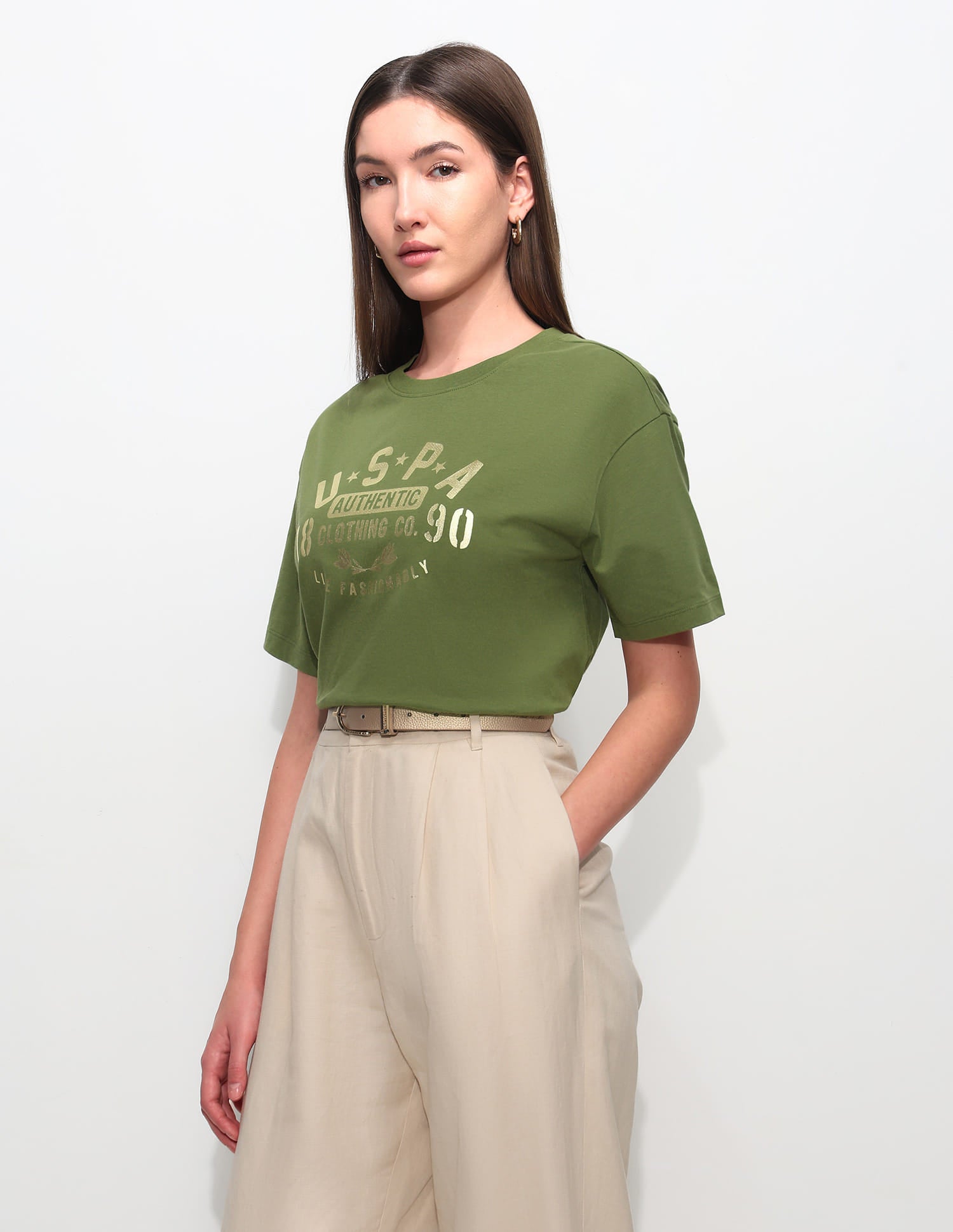 Oversized Fit Brand Printed T-Shirt Olive - U.S. Polo Assn. India | Large