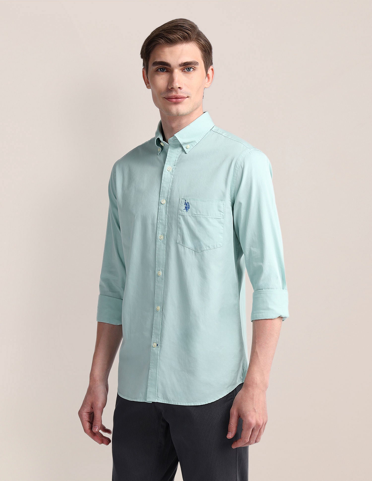 Tailored Fit Cotton Twill Shirt Light Green - U.S. POLO ASSN. | Large