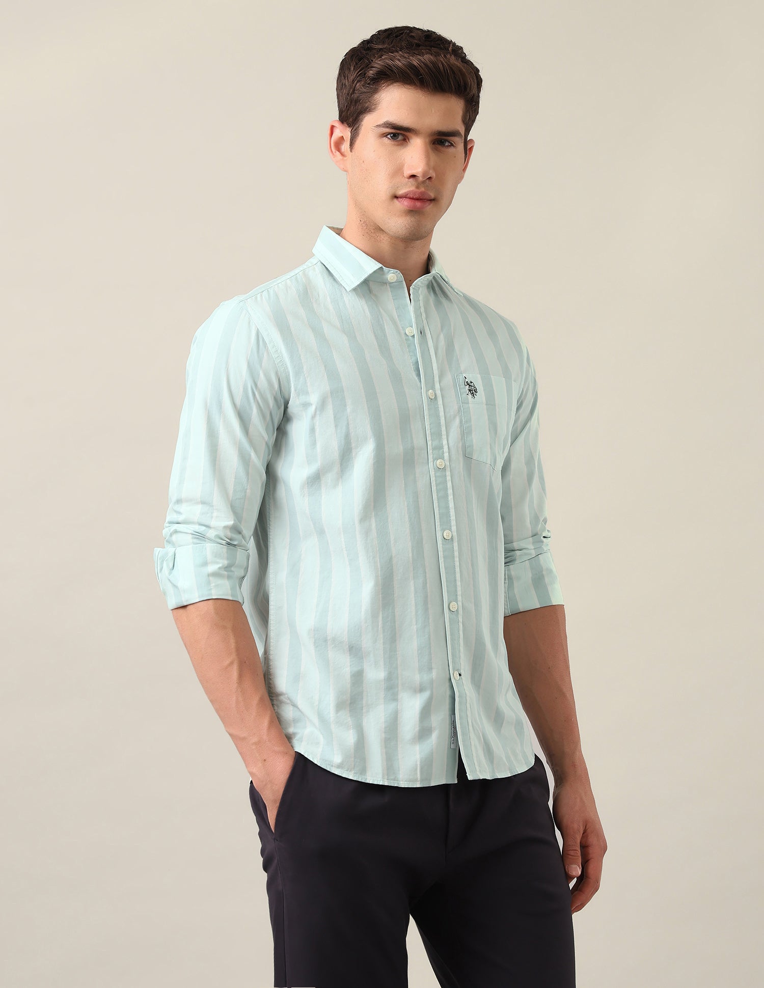 Tailored Fit Vertical Striped Shirt Green - U.S. Polo Assn. India | Large