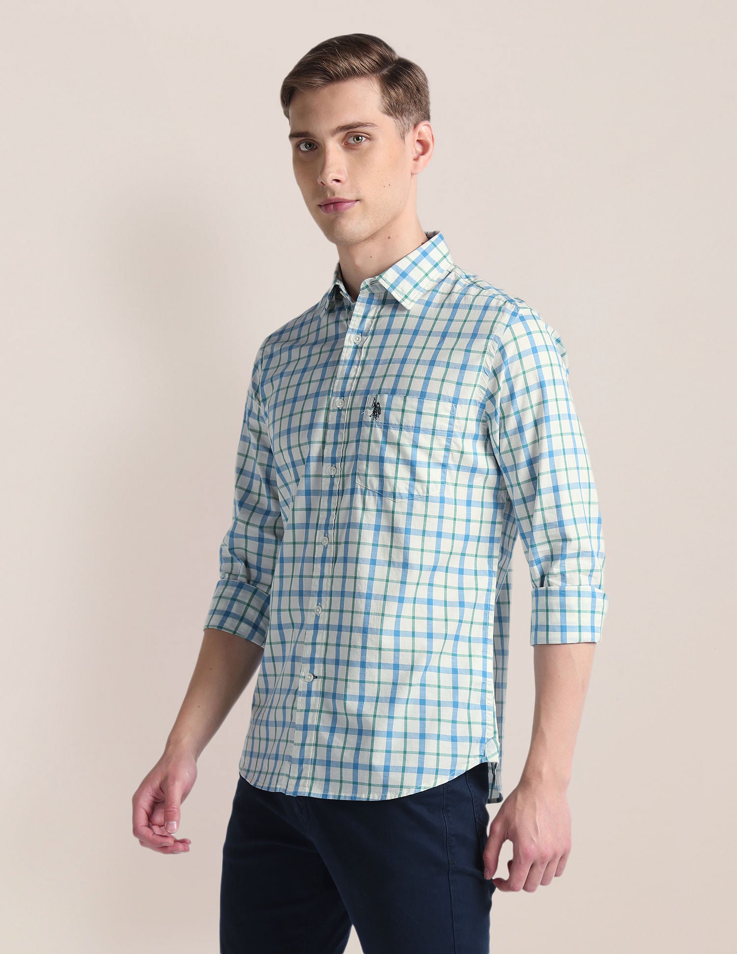 Tartan Check Tailored Fit Shirt White and Green - U.S. Polo Assn. India | Large