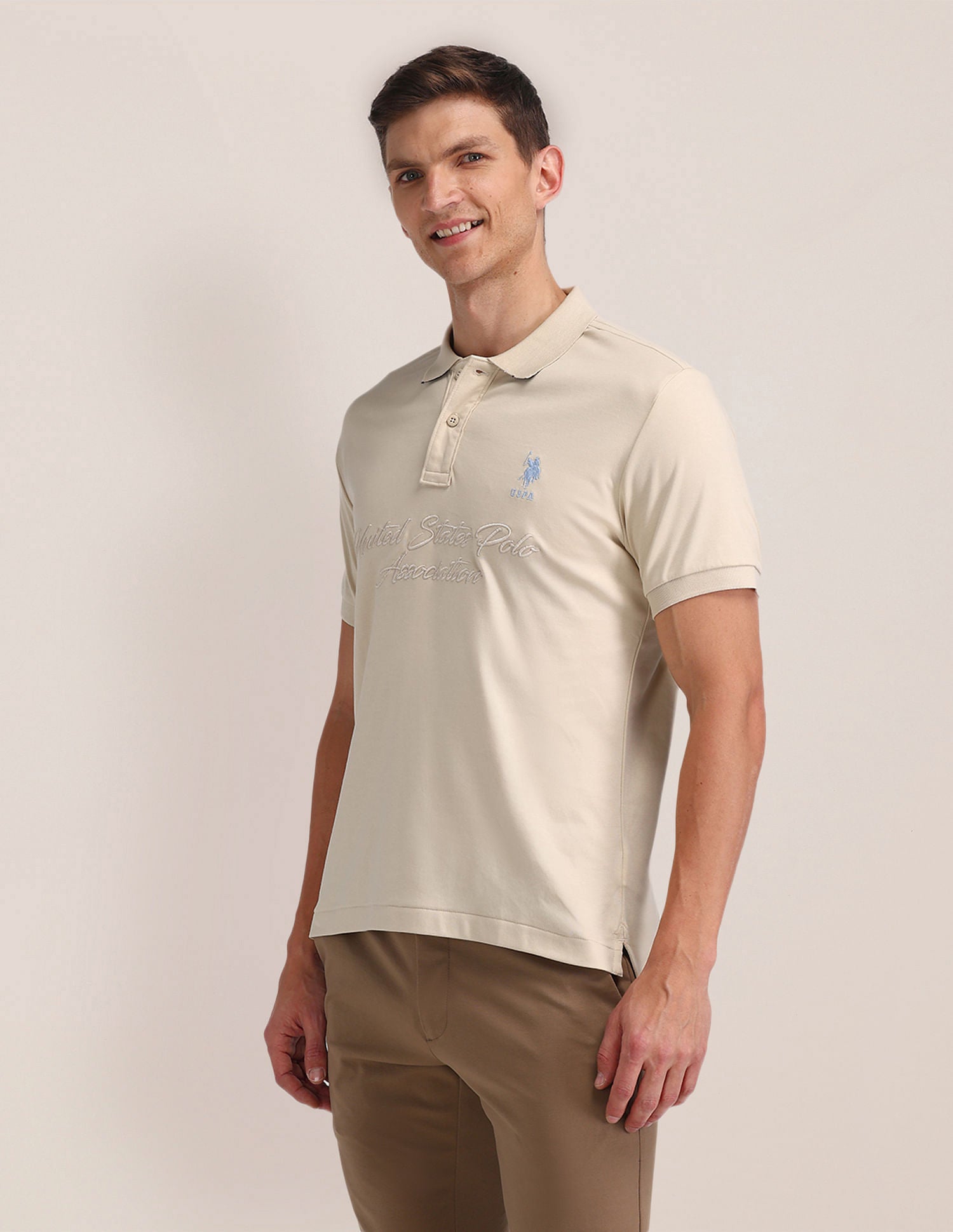 Slim Fit Printed Polo Shirt Beige - U.S. Polo Assn. India | Large