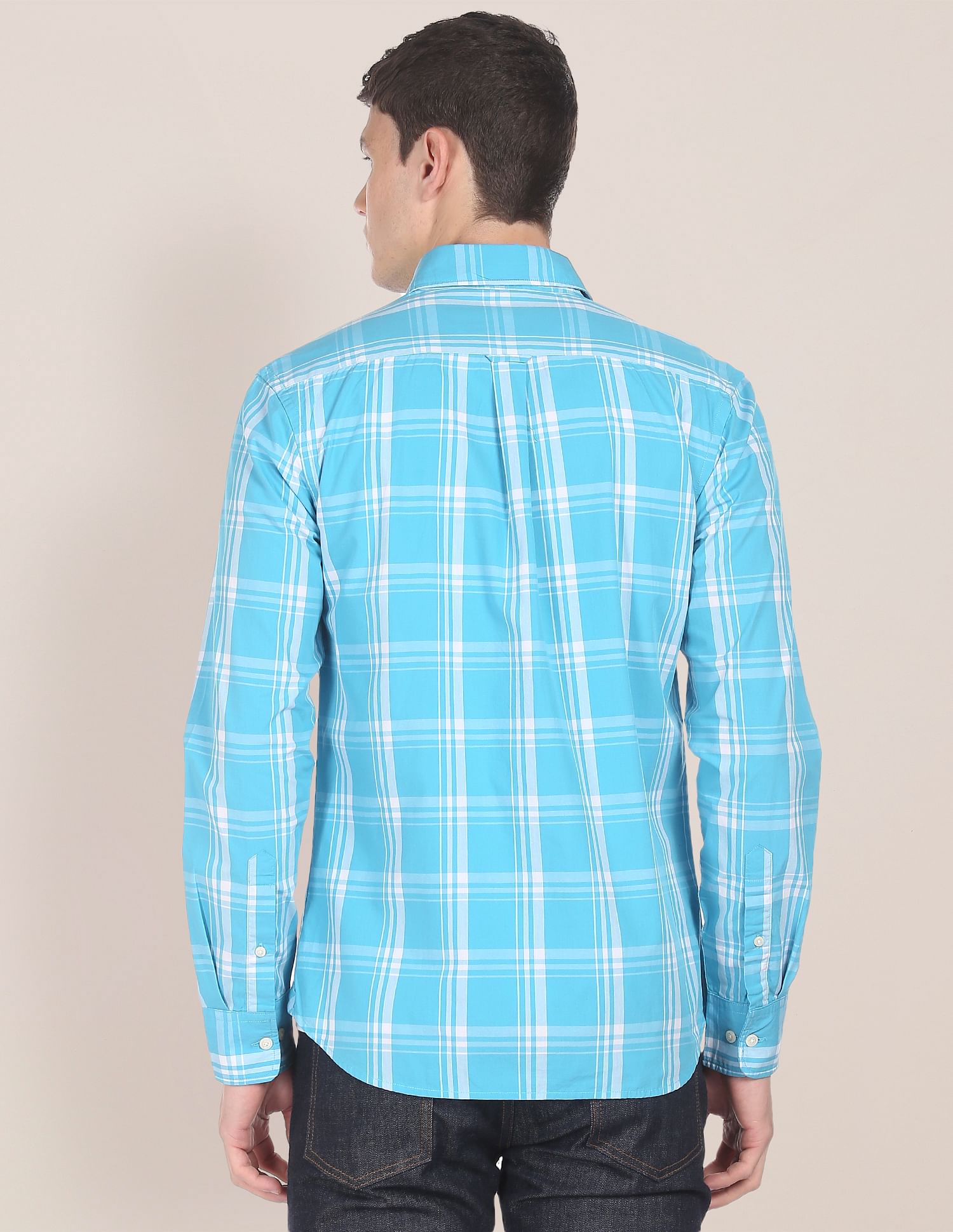 Men Blue Spread Collar Check Casual Shirt Aqua - U.S. POLO ASSN. | Large