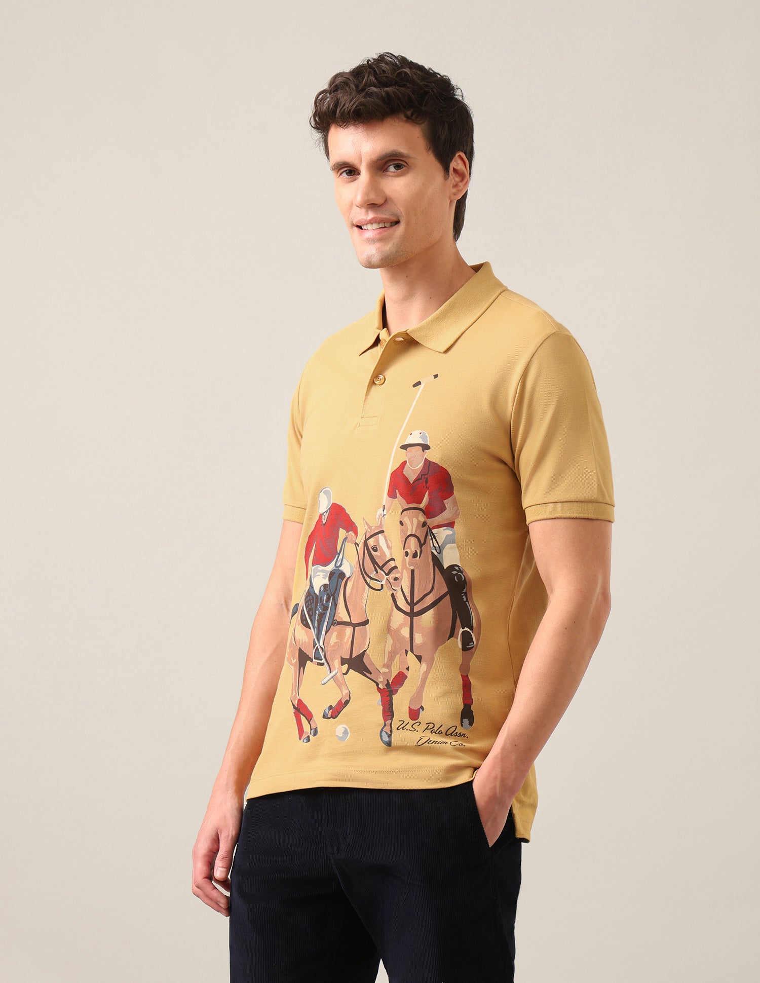 Graphic Brand Printed Slim Fit Polo Shirt Mustard - U.S. Polo Assn. India | Large
