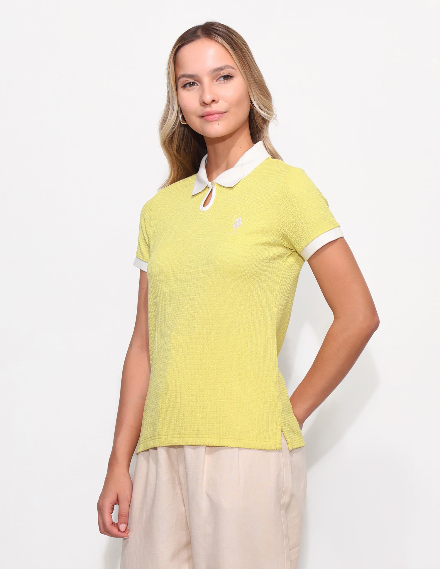Contrast Collar With From Key Hole Tectured Polo Green - U.S. Polo Assn. India | Large