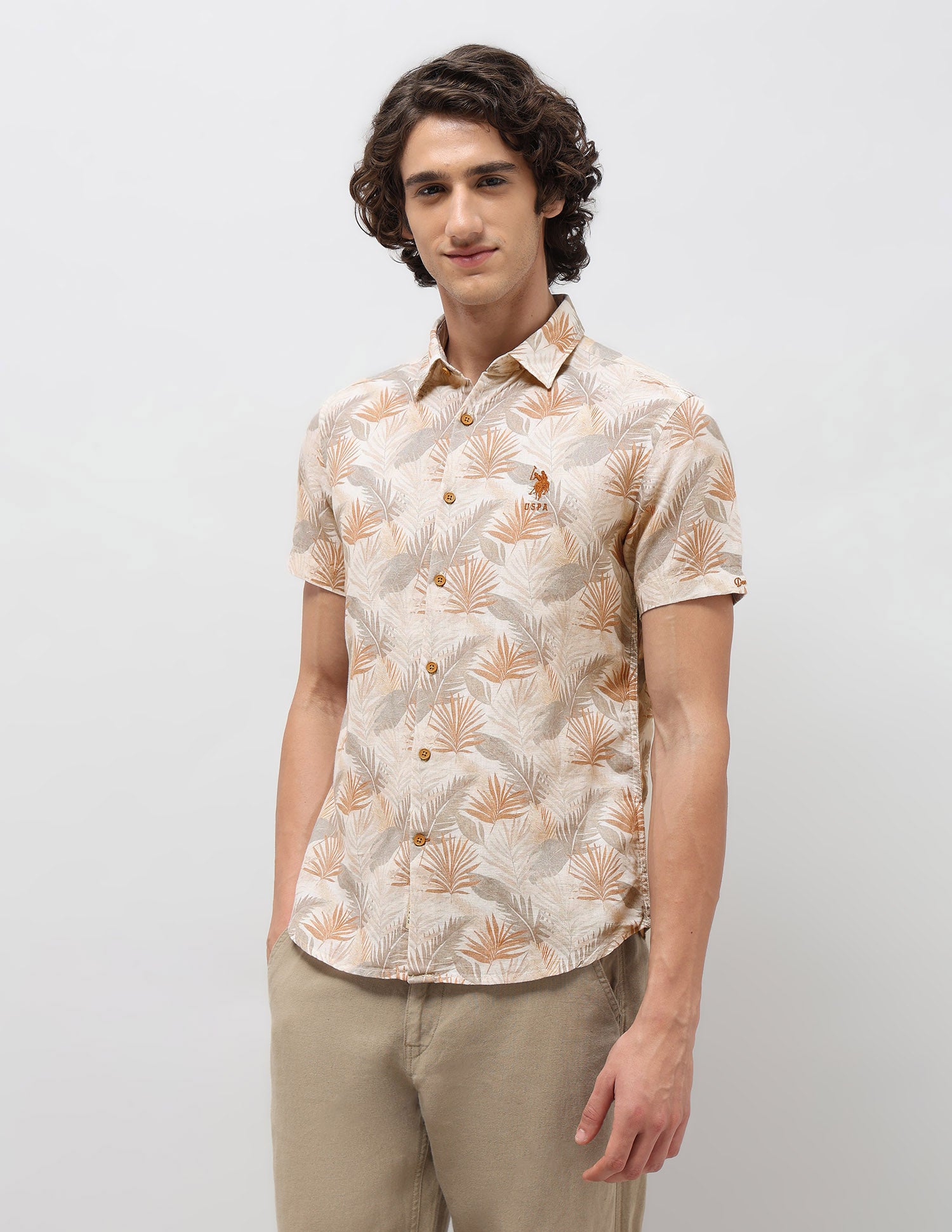 Tropical Printed Slim Fit Shirt Beige - U.S. POLO ASSN. | Large