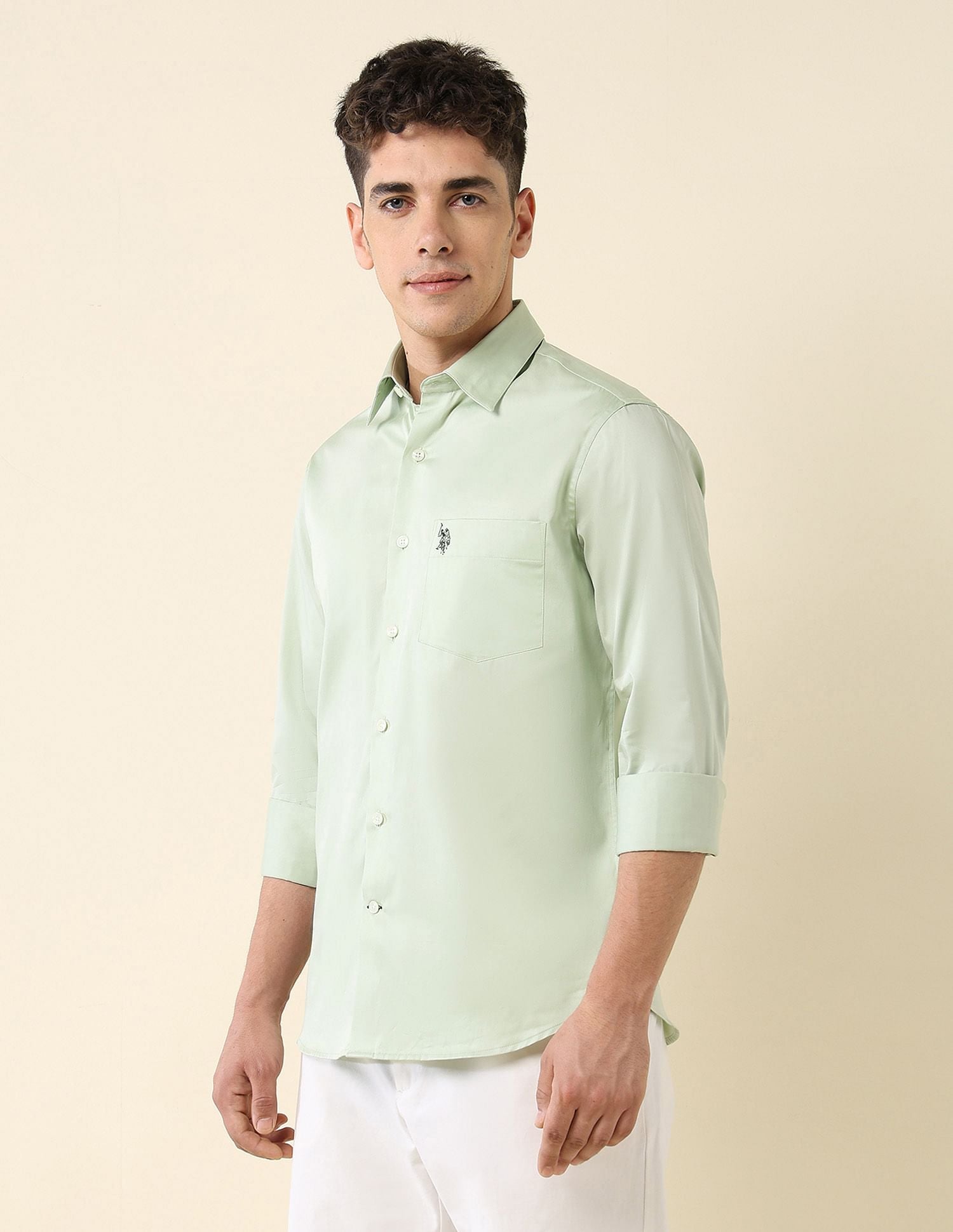 Tailored Fit Satin Shirt Light Green - U.S. Polo Assn. India | Large