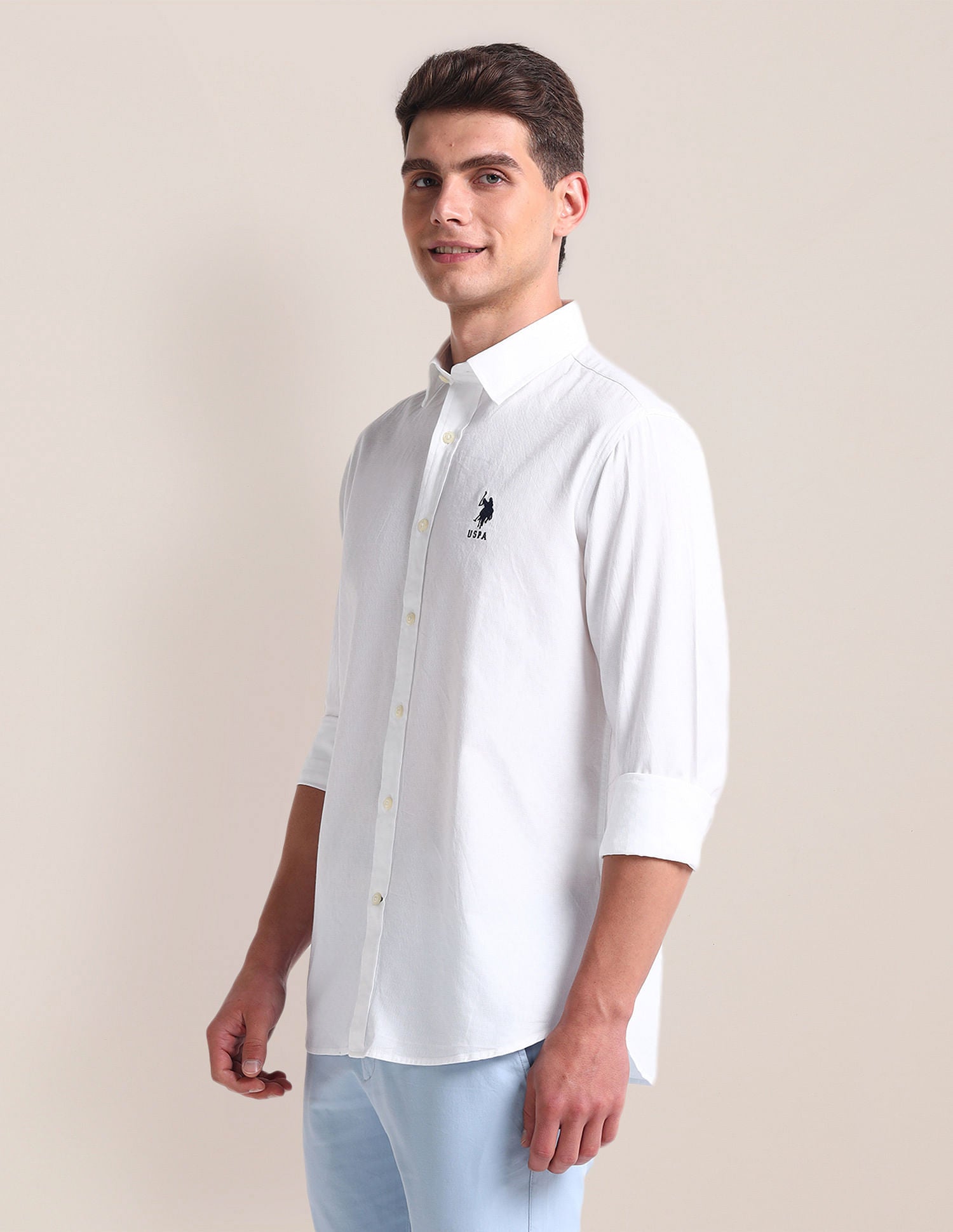 Semi Cutaway Collar Cotton Shirt White - U.S. POLO ASSN. | Large