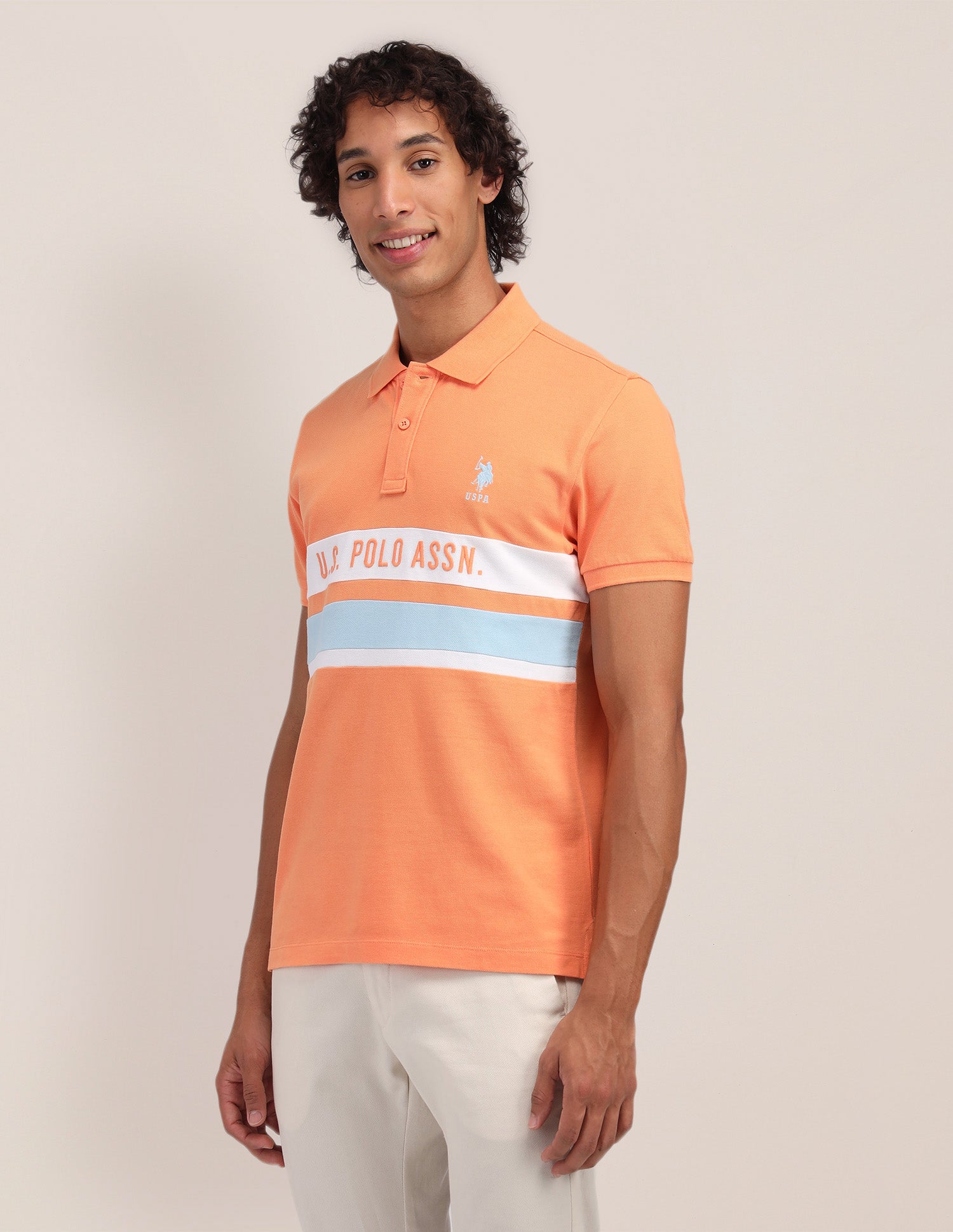 Horizontal Striped Slim Fit Polo Shirt Peach - U.S. Polo Assn. India | Large