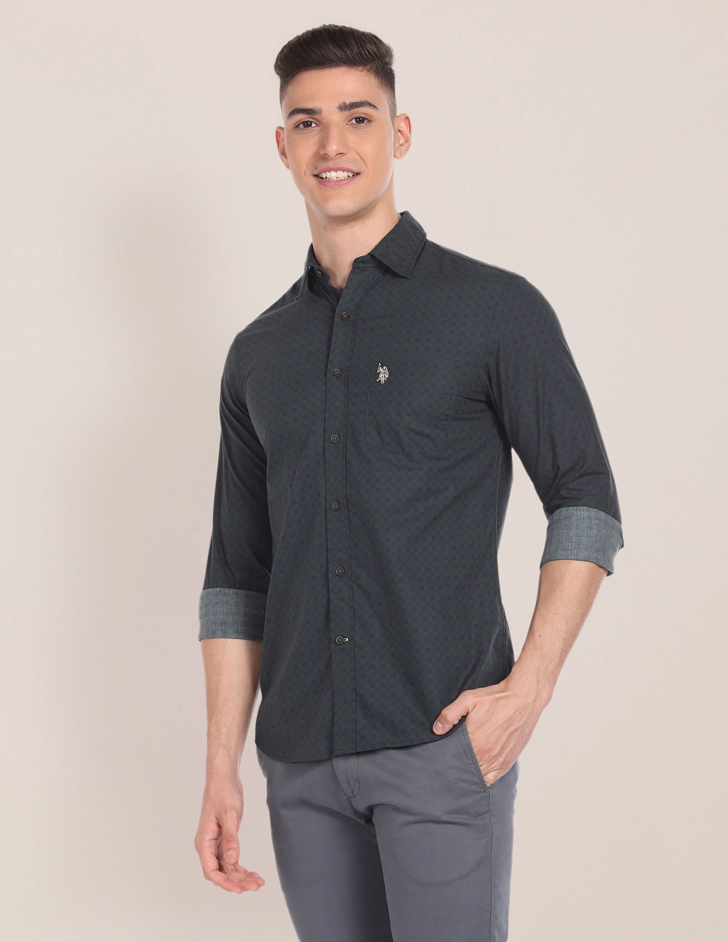 Spread Collar Check Shirt Green - U.S. POLO ASSN. | Large