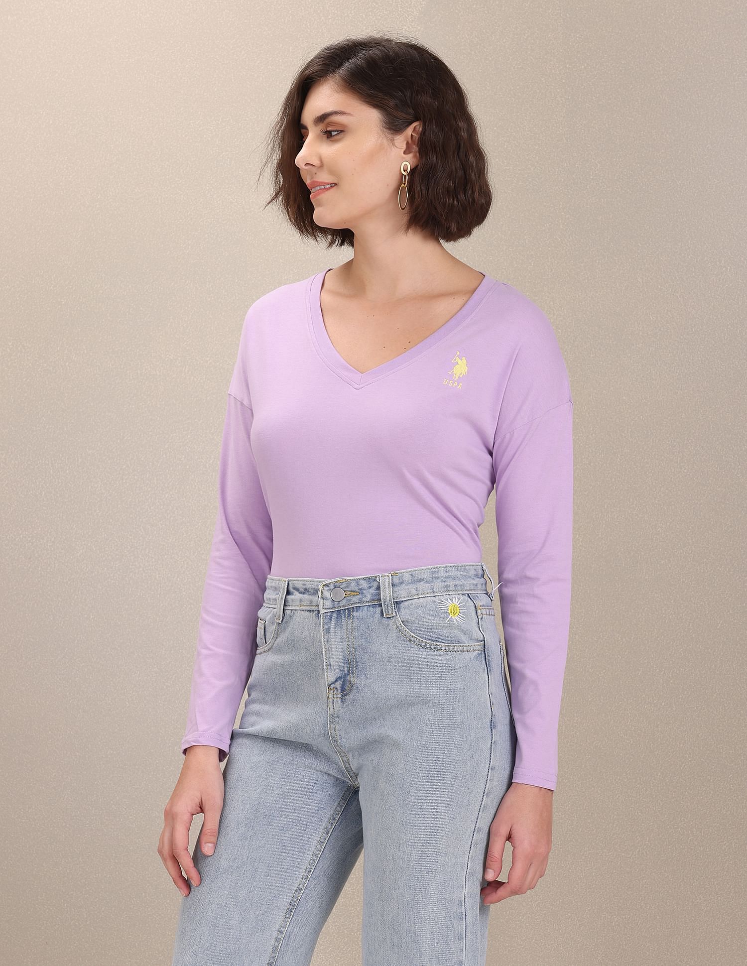 V-Neck Long Sleeve Cotton Top Lavender - U.S. Polo Assn. India | Large