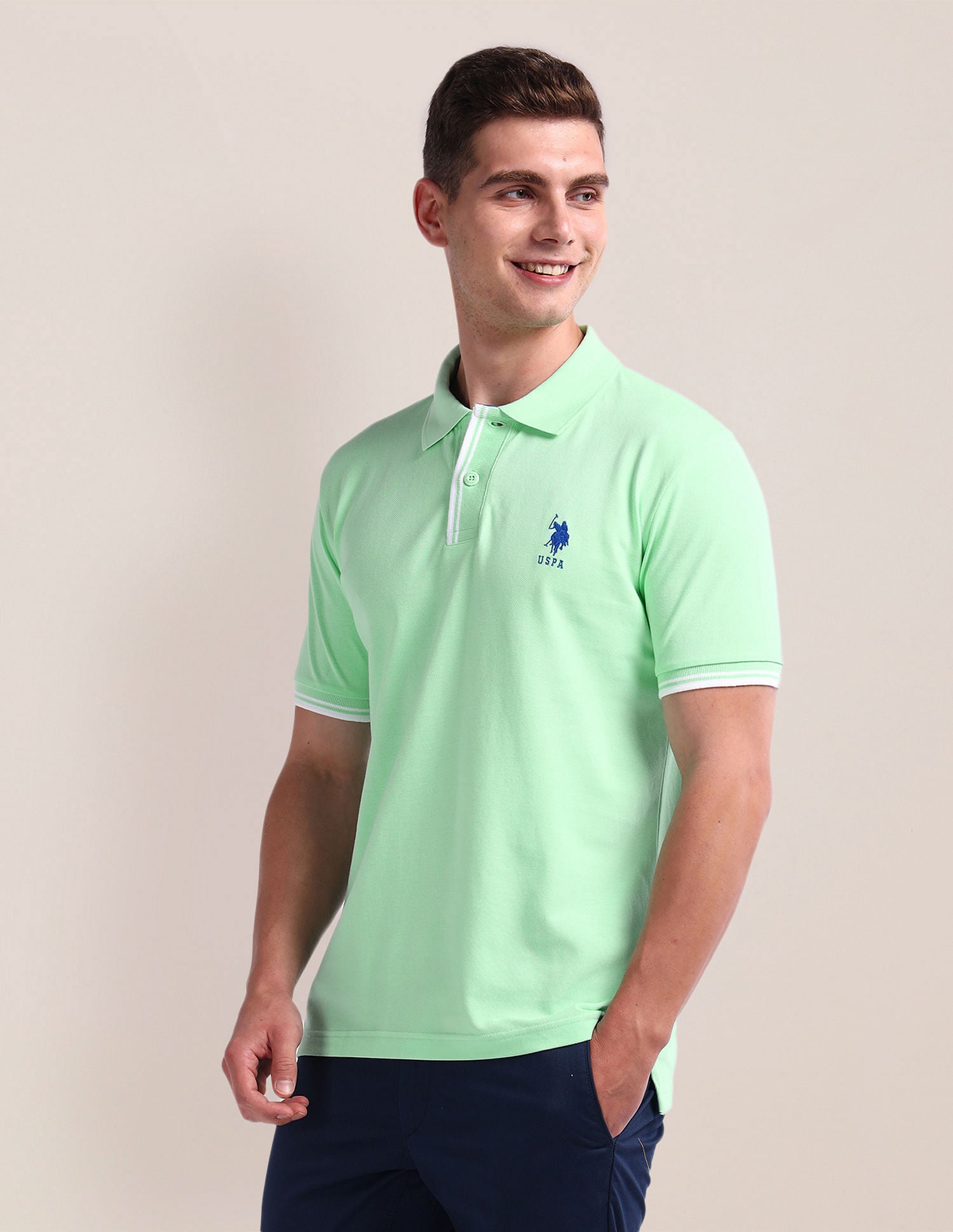 Pure Cotton Solid Polo Shirt Light Green - U.S. Polo Assn. India | Large