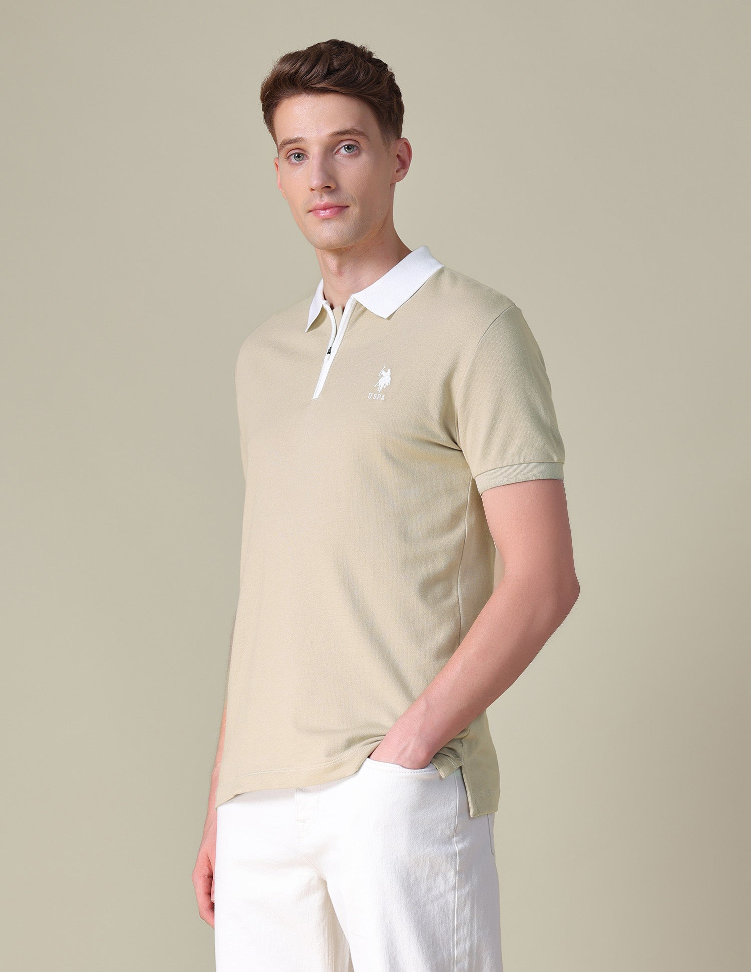 Solid Slim Fit Polo Shirt Beige - U.S. POLO ASSN. | Large