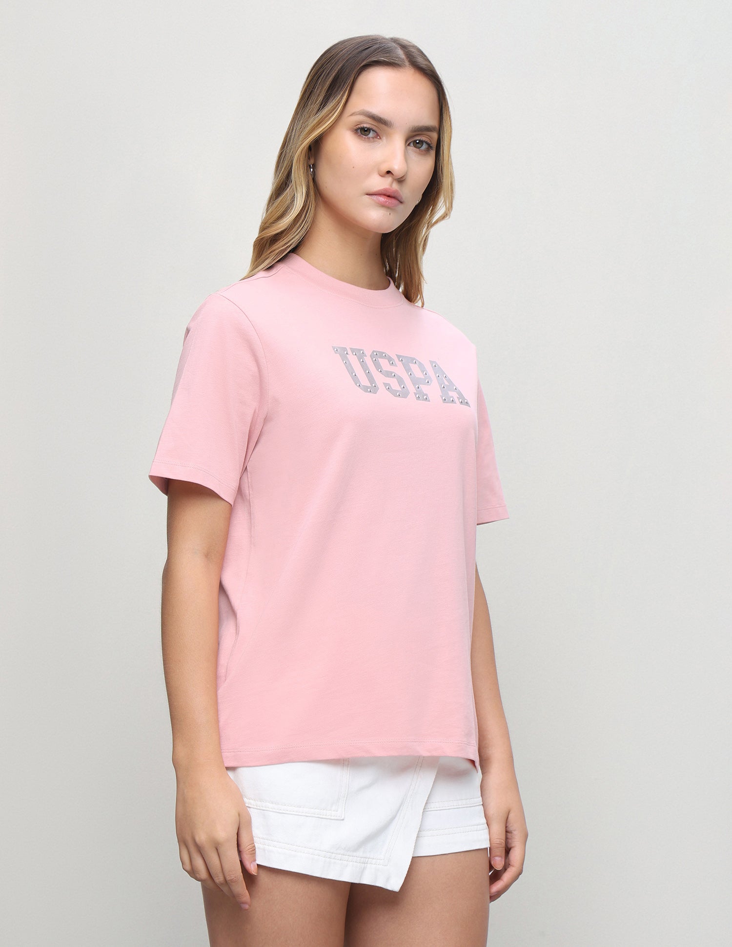 Brand Embellished Boxy Fit T-Shirt Light Pink - U.S. Polo Assn. India | Large