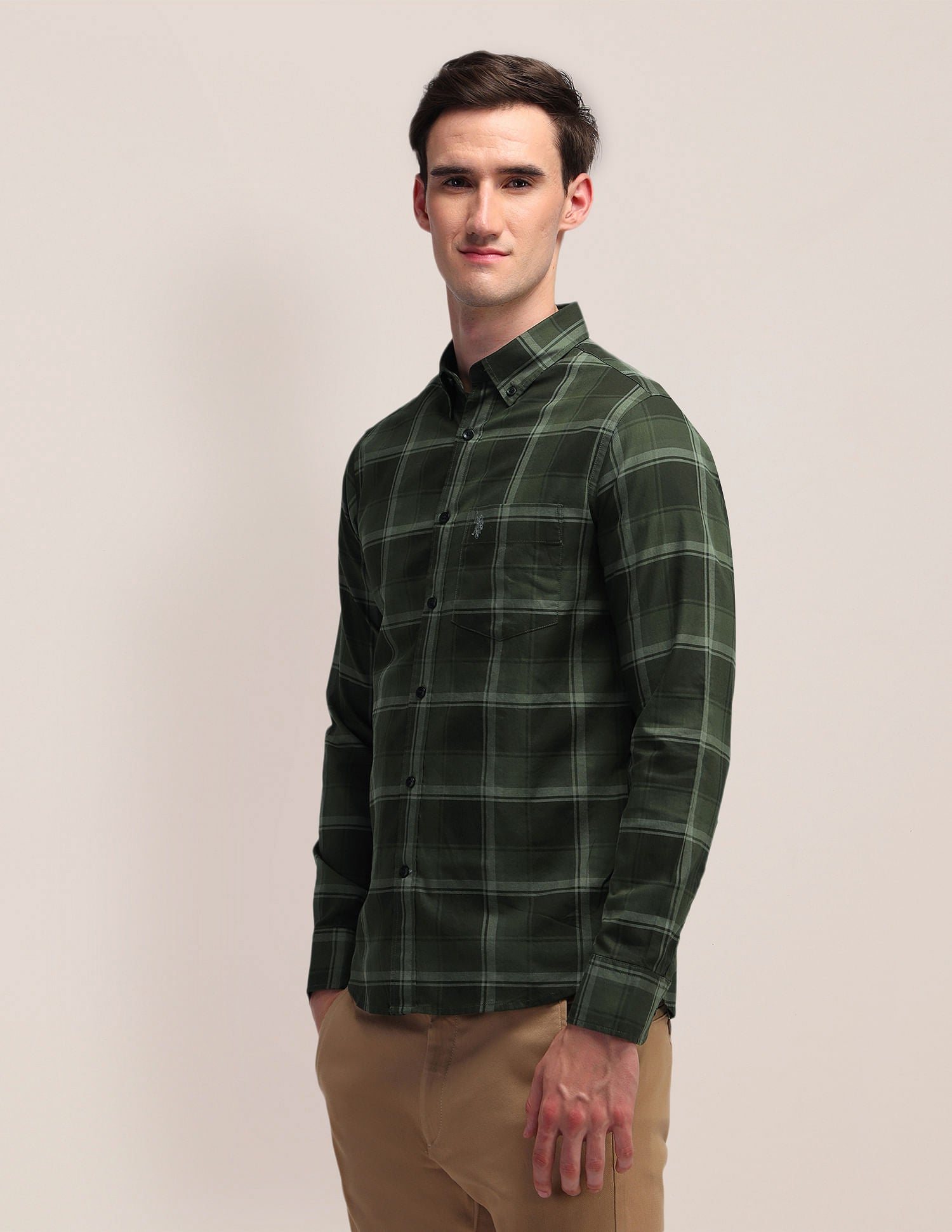 Plaid Checked Dobby Weave Shirt Olive - U.S. Polo Assn. India | Large