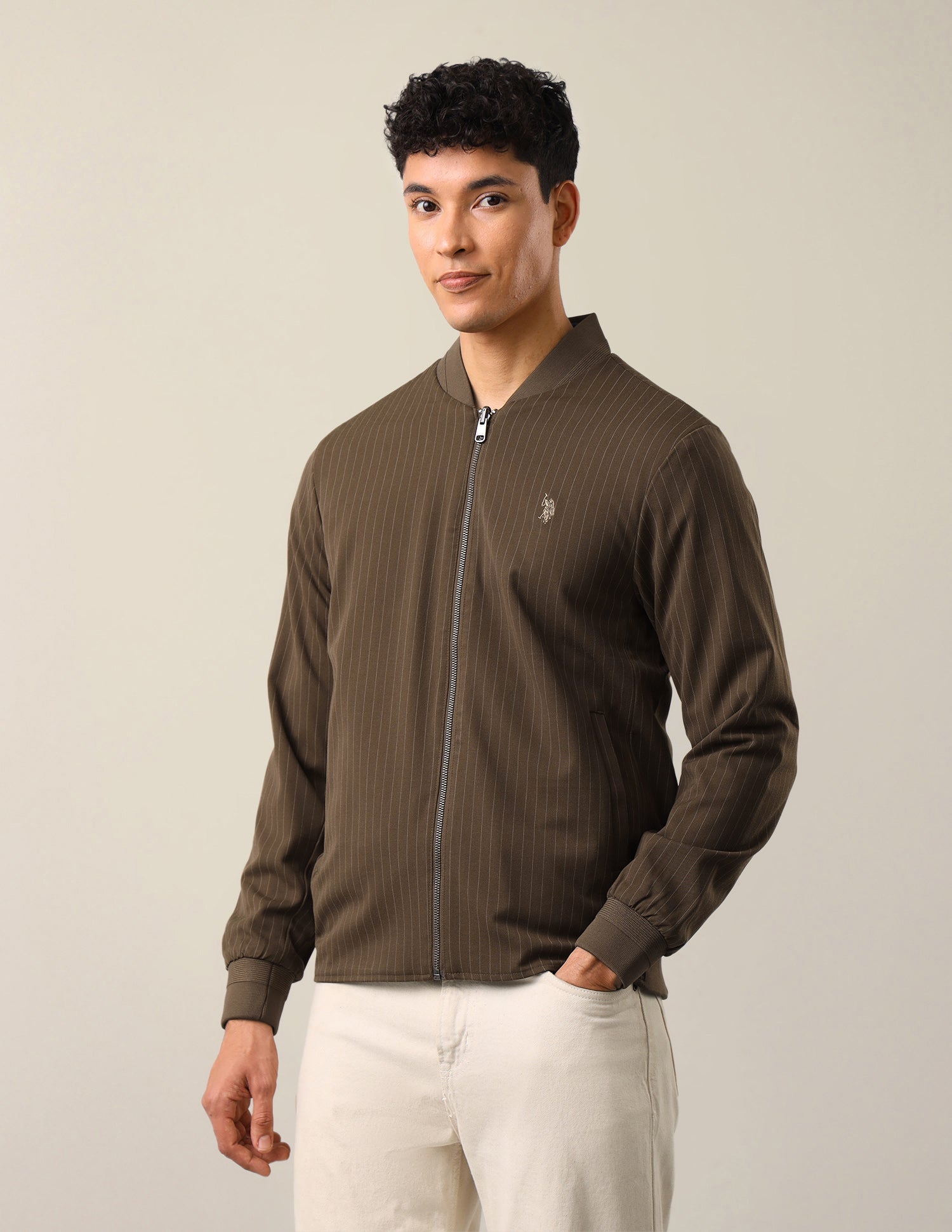 Vertical Striped Regular Fit Bomber Jacket Brown - U.S. Polo Assn. India | Large