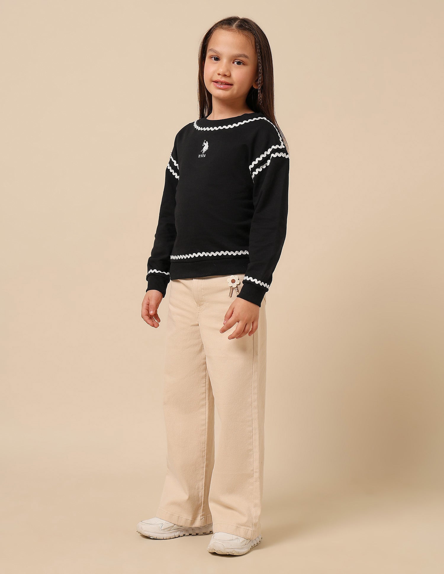 Girls Solid Lace Trim Sweatshirt Black - U.S. POLO ASSN. | Large