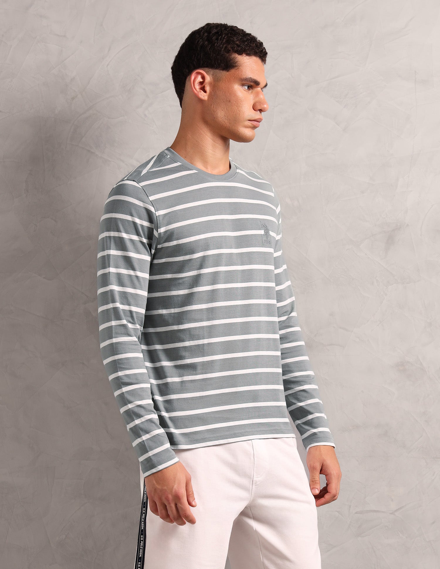 Horizontal Striped Pure Cotton I689 Lounge T-Shirt - Pack Of 1 Ghost Grey / White - U.S. POLO ASSN. | Large