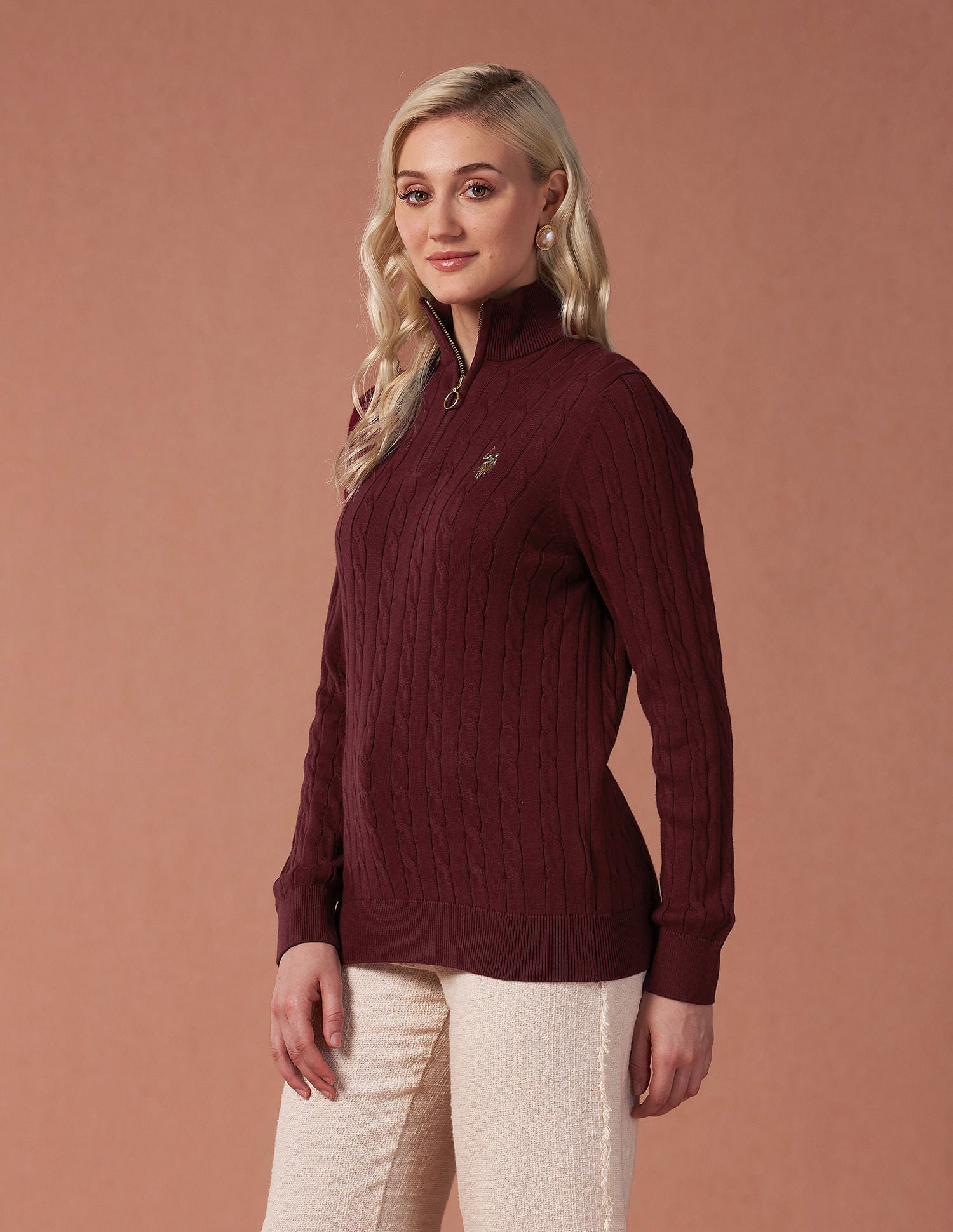 High Neck Cable Knit Sweater Wine - U.S. Polo Assn. India | Large