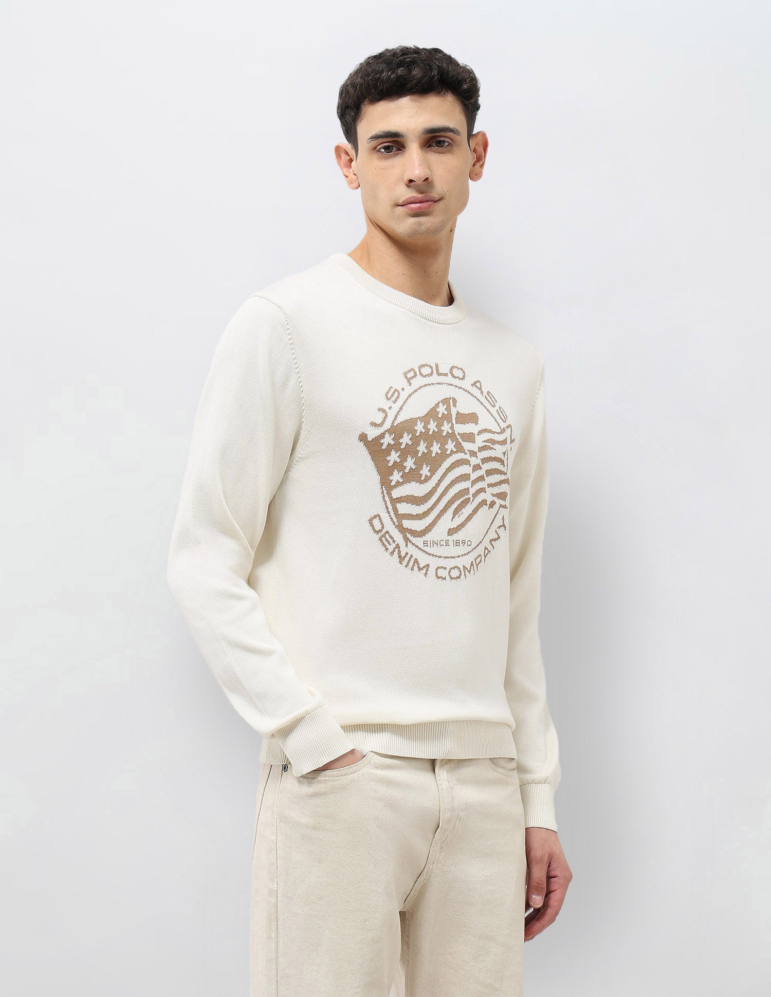 Brand Patterned Knit Regular Fit Sweater Ivory - U.S. POLO ASSN. | Large