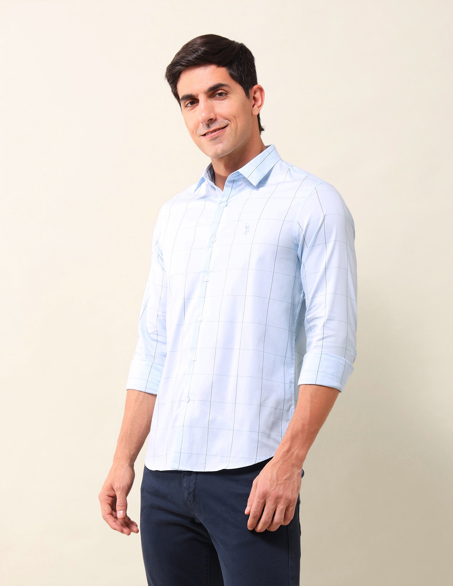 Windowpane Checked Tailored Fit Shirt Light Blue - U.S. Polo Assn. India | Large