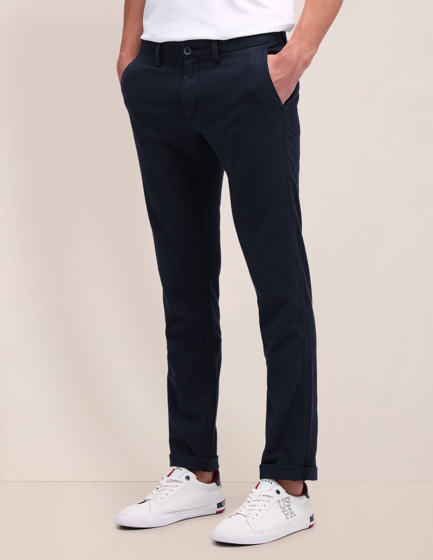 Denver Slim Fit Dobby Trousers Navy - U.S. Polo Assn. India | Large