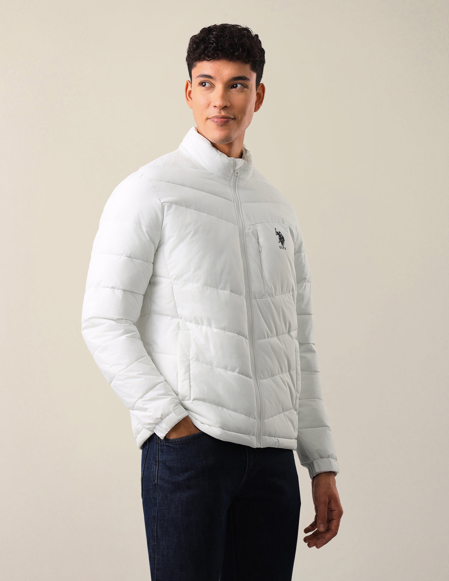 Solid Regular Fit Puffer Jacket White - U.S. Polo Assn. India | Large