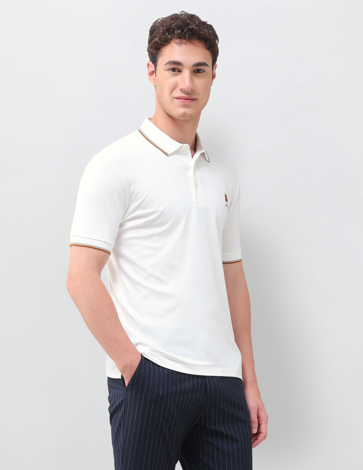 Solid Slim Fit Polo Shirt Off White - U.S. Polo Assn. India | Large